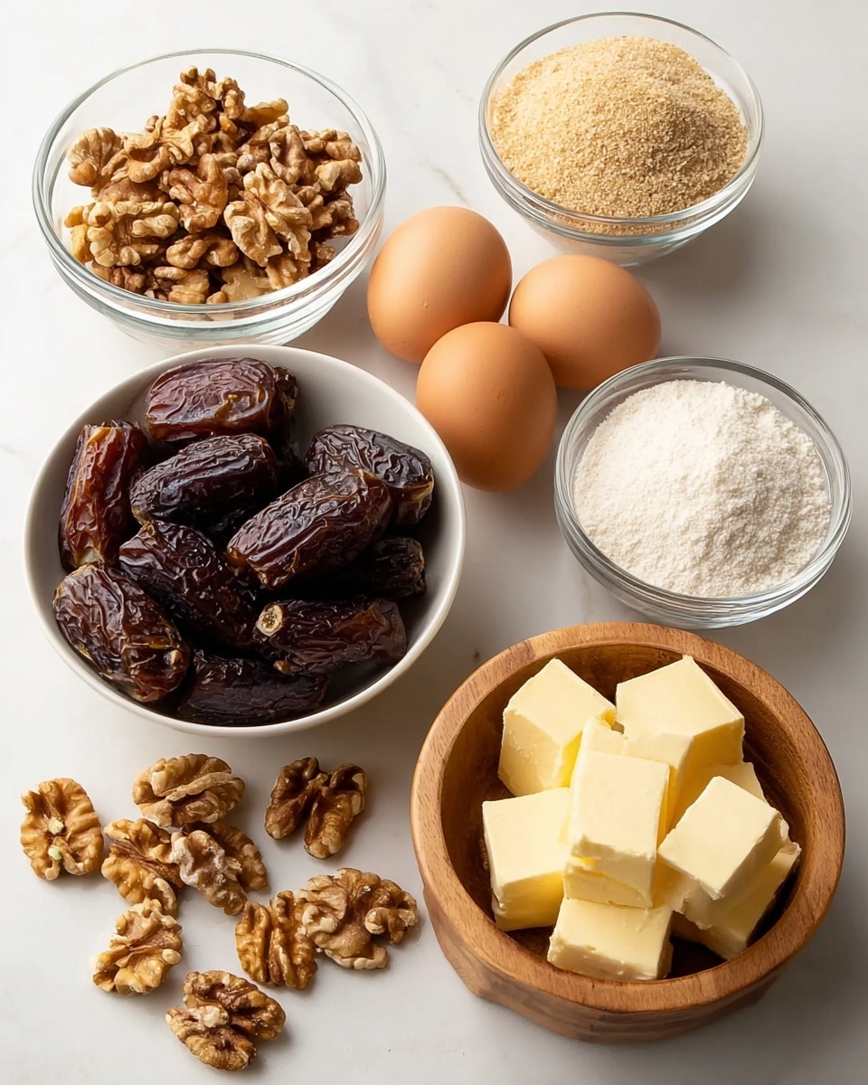 A white bowl filled with dark brown dates sits in the front center. To its right is a small wooden bowl with light yellow butter cubes. Behind the butter bowl is another wooden bowl filled with fine white granulated sugar. Next to the sugar bowl are two brown eggs laying side by side. Behind the eggs is a white bowl with a beige powdery ingredient. To the left of that bowl, two clear glass bowls are arranged, one with walnut halves and the other with walnut pieces. A few walnut pieces are scattered in front of the date bowl. All items rest on a white marbled surface. Photo taken with an iphone --ar 4:5 --v 7