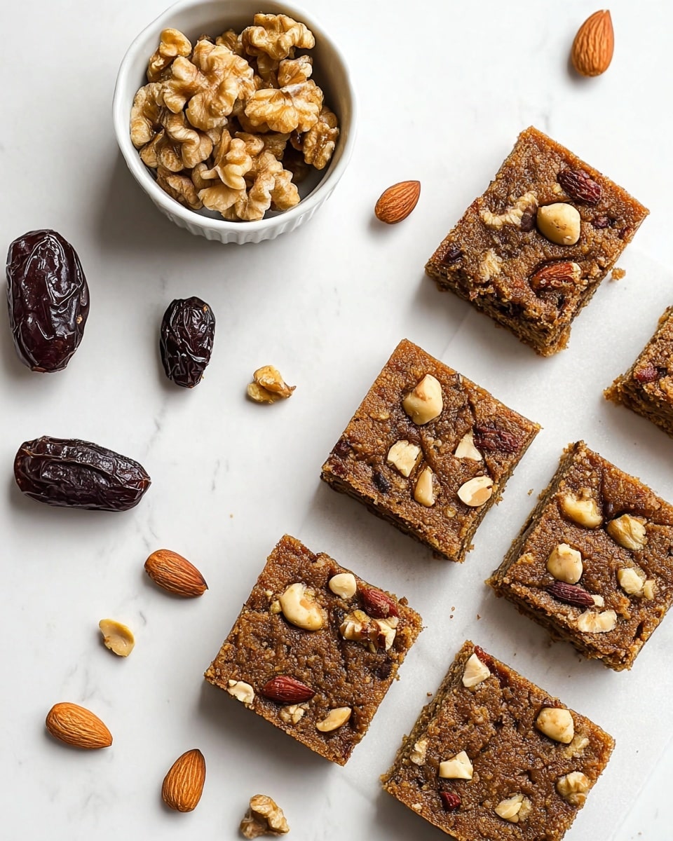 The image shows six square pieces of brown nut cake arranged on a white marbled surface. Each piece has a dense texture with mixed nuts, such as peanuts and walnuts, embedded on top, adding a rough and crunchy look. Scattered around the cake pieces are whole nuts, including almonds, peanuts, walnuts, and some dark brown dates. In the upper left corner, there is a small white bowl filled with walnuts, adding a contrast in texture with its rough and chunky nut clusters. The overall presentation is neat with a natural and wholesome look. photo taken with an iphone --ar 4:5 --v 7