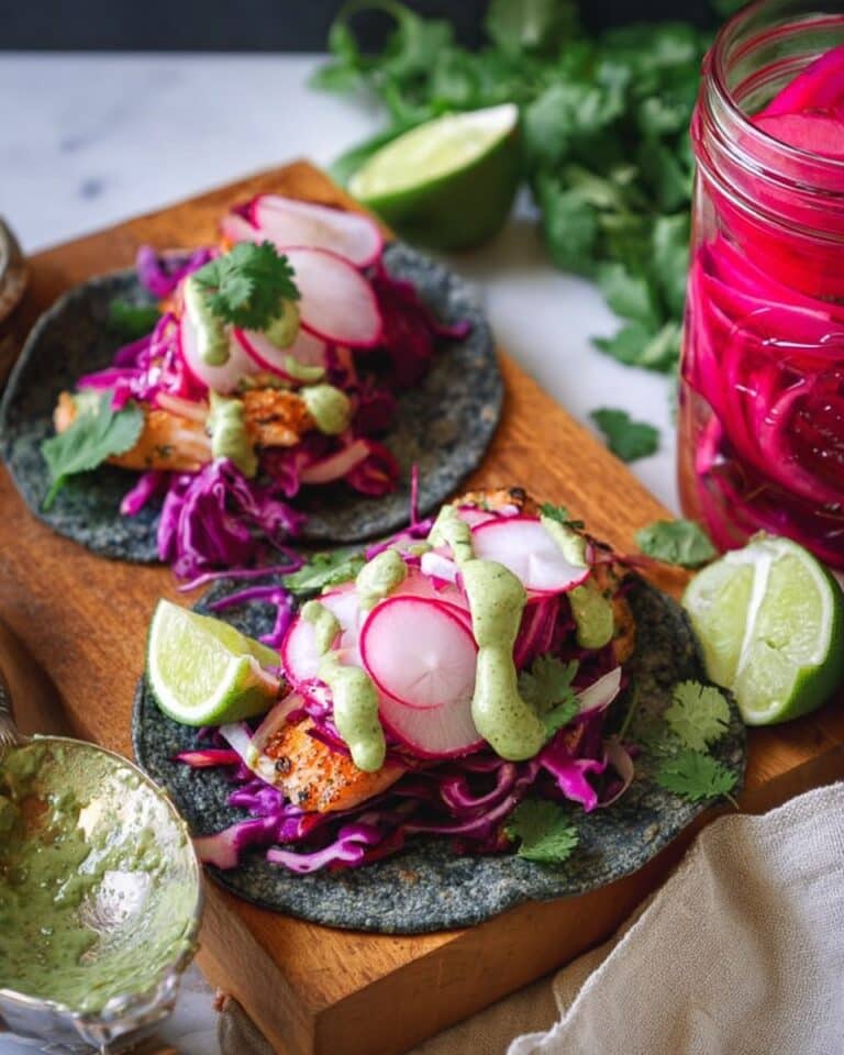 Blackened Salmon Tacos with Quick Pickled Radishes and Avocado Cilantro Cream Recipe