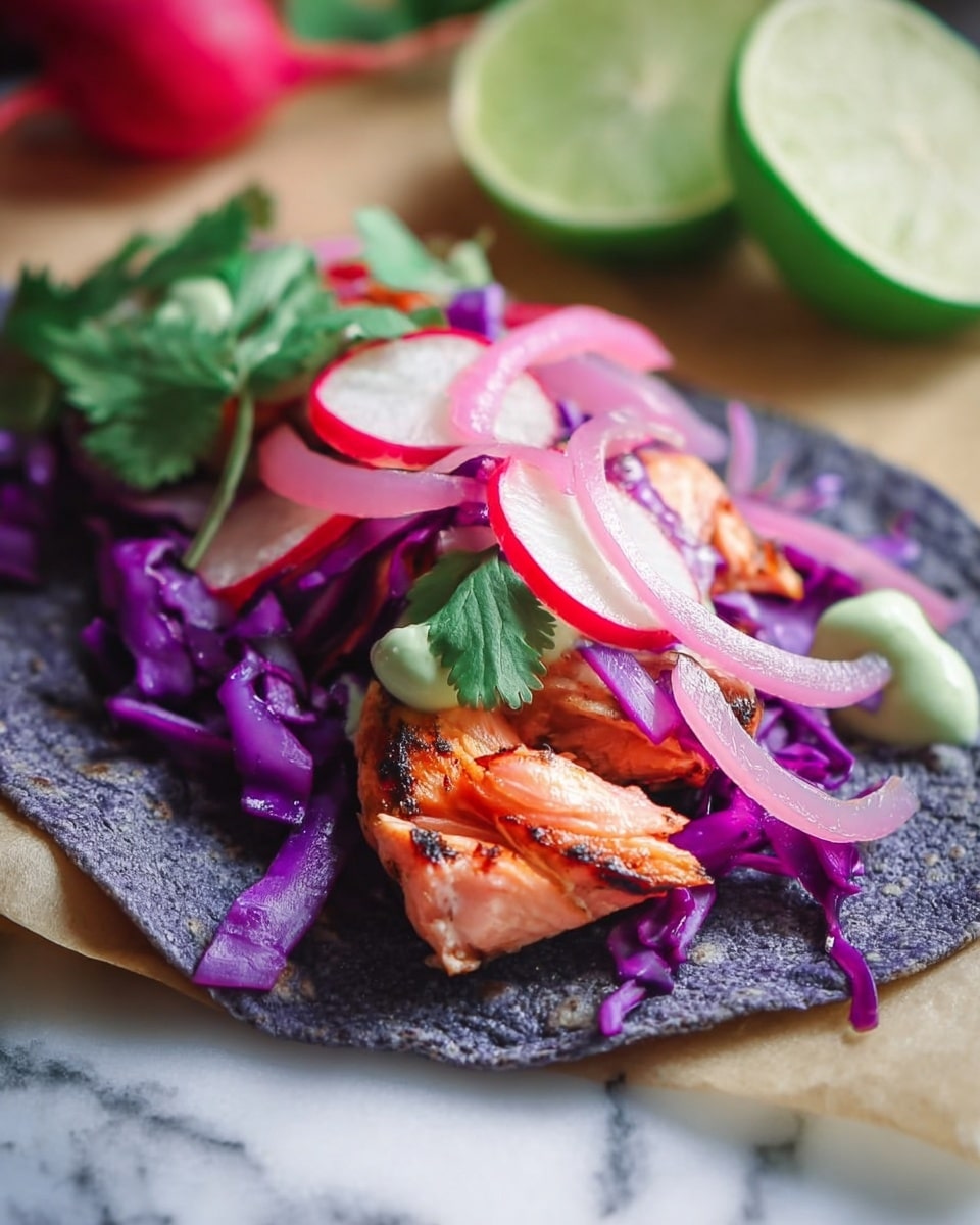A blue corn tortilla forms the base layer, topped with bright purple cabbage strips. On top of this, there are pink rings of pickled onions curling around pieces of cooked salmon with charred edges and a light pink center. A dollop of light green creamy sauce is seen near the fish. Thin slices of bright red radish and fresh green cilantro leaves add a fresh touch on top. In the background, there are two lime wedges on a white marbled surface. Photo taken with an iphone --ar 4:5 --v 7