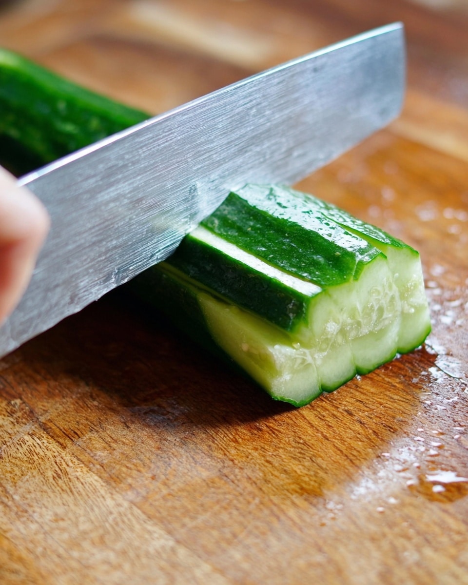 A close-up of a bowl of smashed cucumber salad with three layers: the bottom layer shows uneven pieces of bright green cucumber with light, shiny texture from dressing; the middle layer features scattered fresh cilantro leaves in deep green, giving a leafy texture; the top layer includes white sesame seeds and small bits of red chili flakes with garlic bits, adding texture and color contrast. The salad rests in a white bowl on a white marbled surface, with a silver spoon partially visible inside. photo taken with an iphone --ar 4:5 --v 7