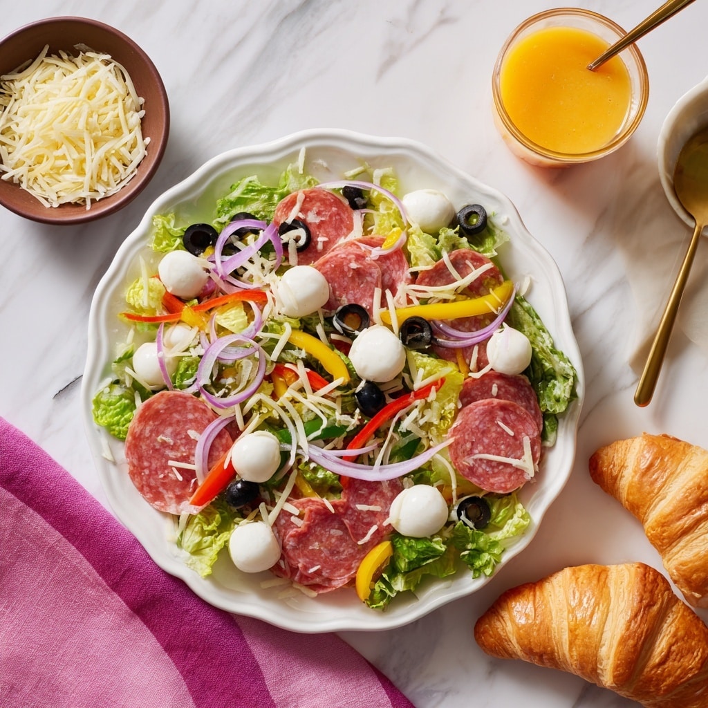 A white scalloped plate filled with a colorful salad sits on a white marbled surface. The salad has a base layer of green lettuce leaves, topped with thin strips of pinkish-red salami, whole white mozzarella balls, sliced black olives, and pieces of red, yellow, and green bell peppers. Thin slices of purple onion are scattered throughout. The salad is sprinkled with white shredded cheese, adding texture on top. To the left, a small brown bowl holds more shredded white cheese and two solid yellow cheese pieces. A glass bowl of orange dressing with a spoon sits behind the bowl, and on the right side, two golden croissants are placed on the white marbled surface. A pink cloth napkin is at the bottom left corner. Photo taken with an iphone --ar 4:5 --v 7