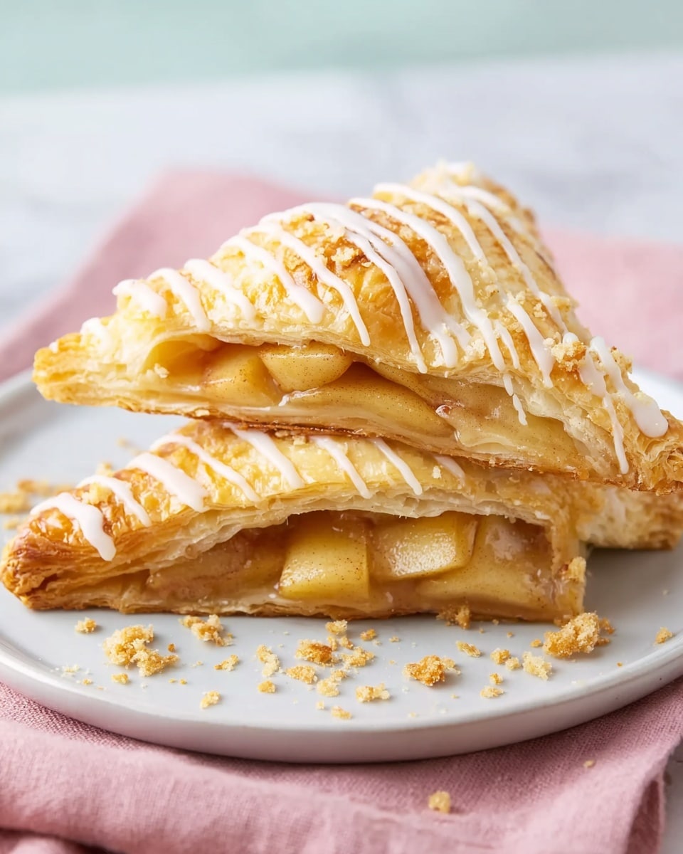 Two golden, flaky pastry triangles are stacked on a white plate, placed on a soft pink cloth over a white marbled surface. The top triangle is drizzled with thin white icing lines, while the pastry layers show a crisp, light texture. Inside, soft, warm apple slices coated in syrup peek out, adding a shiny, tender look to the filling. Crumbs are scattered loosely around the plate, enhancing the fresh-baked feel. Photo taken with an iphone --ar 4:5 --v 7