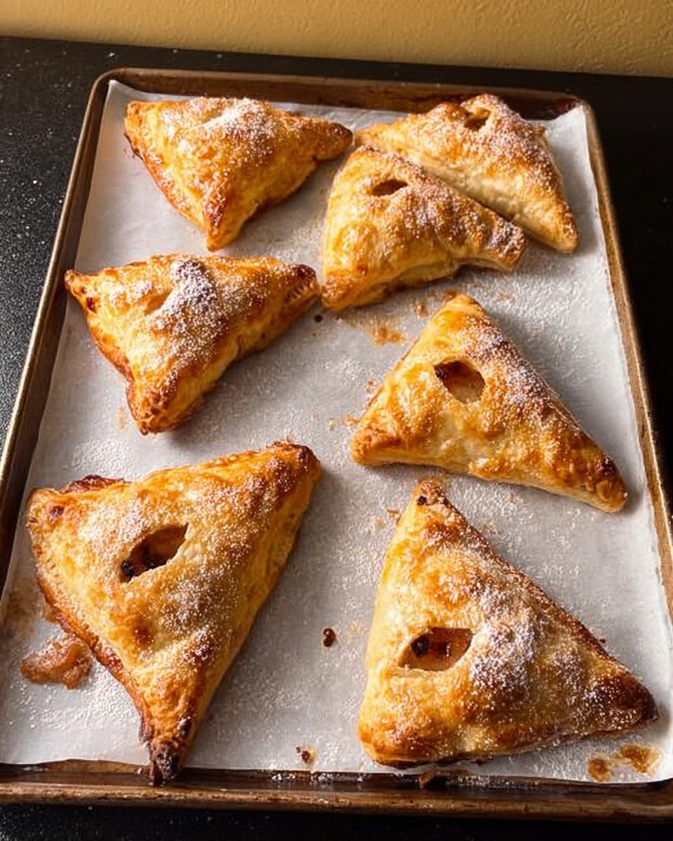 The image shows a tray with eight golden brown triangular pastries, each with a small vent hole on top. The pastries have a flaky and slightly shiny texture with some powdered sugar dusted lightly on the surface. They are placed on white parchment paper that lines the baking tray. The tray sits on a black countertop against a light brown wall. The pastries are arranged with some touching and others spaced apart, and there are small browned spots of baked filling visible through the holes. Photo taken with an iphone --ar 4:5 --v 7