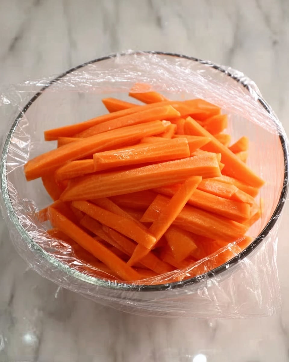 A clear glass bowl filled with many bright orange carrot sticks, neatly stacked in a rough pile. The bowl is covered loosely with transparent plastic wrap that curves over the top and sides. The bowl sits on a white marbled surface with soft lighting that highlights the fresh texture and color of the carrots. photo taken with an iphone --ar 4:5 --v 7