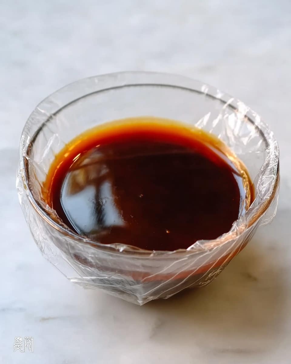 A small clear glass bowl filled with a shiny dark brown sauce that has a smooth texture. The sauce fills about half of the bowl, showing light reflections on the surface. The bowl sits on a white marbled surface, and soft natural light highlights the sauce's rich color. Photo taken with an iphone --ar 4:5 --v 7