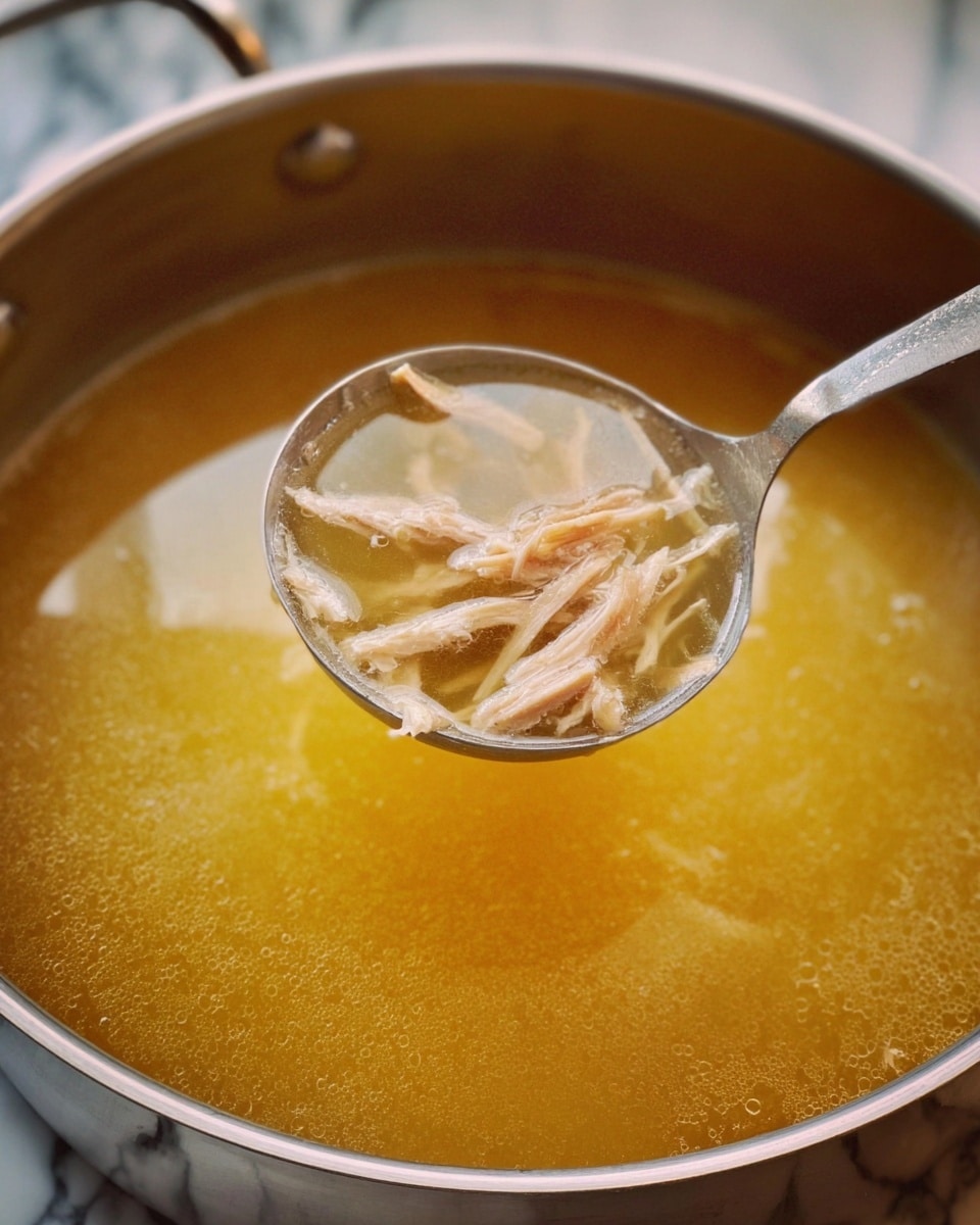 A close-up of a metal ladle lifting thin, light brown strips of meat from a clear, yellowish broth in a shiny metal pot. The broth looks warm and slightly oily, filling the pot fully. The background shows a white marbled texture. The photo taken with an iphone --ar 4:5 --v 7