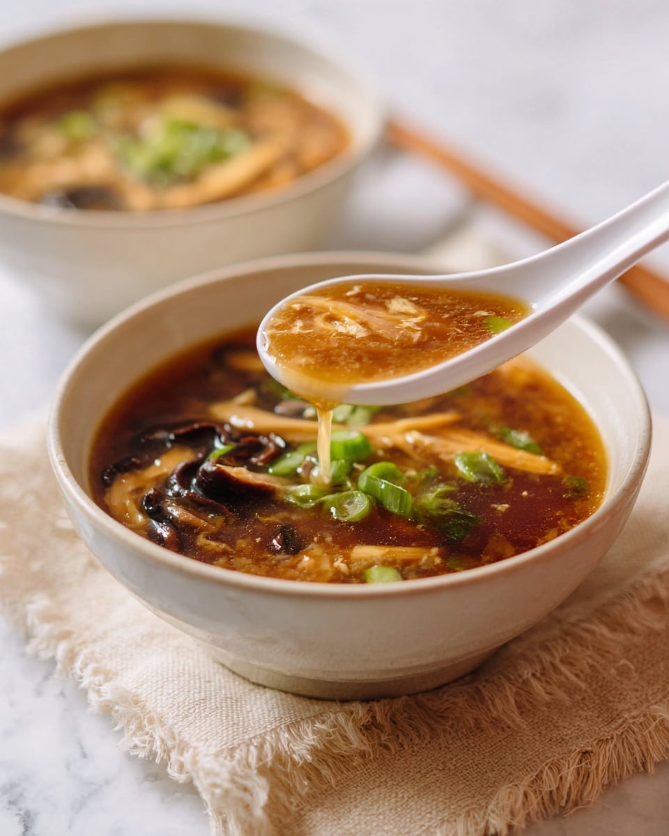 The image shows a close-up of a white ceramic bowl filled with brown soup that has a slightly thick texture. Within the soup, there are visible layers of dark brown mushrooms, thin strips of light tan bamboo shoots, small bits of light shredded egg, and green onion slices sprinkled on top. A white ceramic spoon is lifting a portion of the soup, showing these same ingredients clearly on it, with the broth dripping slightly from the spoon’s edge. The bowl is placed on a soft beige cloth with frayed edges over a white marbled surface. In the background, a second bowl of soup is slightly out of focus. Photo taken with an iphone --ar 4:5 --v 7