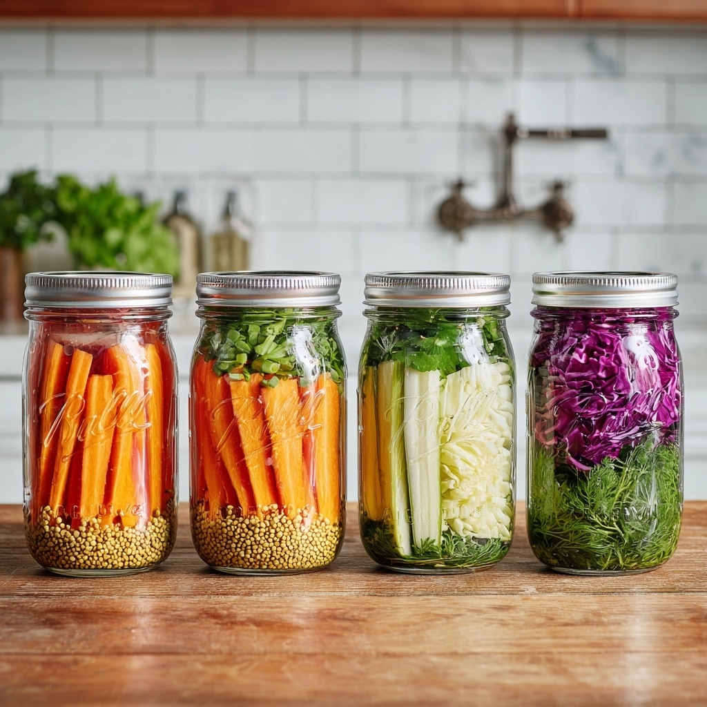 Four clear glass jars are placed upside down side by side on a wooden table. Each jar contains layers of colorful pickled vegetables including orange carrot sticks, white cabbage pieces, light green celery sticks, and fresh green herbs floating in clear brine with mustard seeds scattered on top. The jars have silver lids facing downwards and show a neat mix of crunchy textures and vibrant colors. The background has a white marbled surface with a white tiled wall and kitchen faucets slightly blurred. photo taken with an iphone --ar 4:5 --v 7