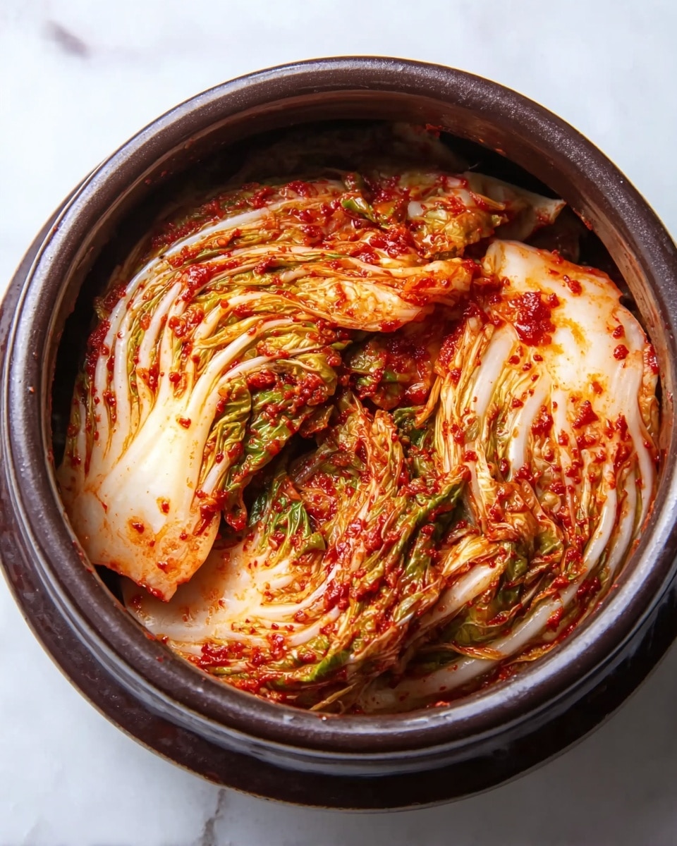The image shows a dark brown ceramic pot filled with layers of napa cabbage kimchi. The cabbage leaves are folded and packed closely together, with a mix of white and pale green colors at the base and bright red chili paste coating the outer parts. The texture looks moist and slightly chunky from the chili seasoning, with some visible green bits like scallions or chives mixed in. The pot sits on a white marbled surface. photo taken with an iphone --ar 4:5 --v 7