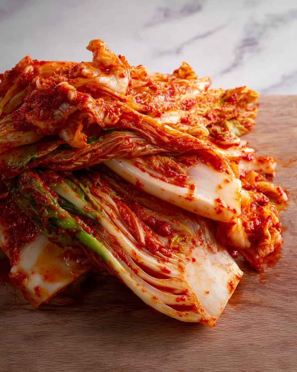 The image shows a pile of kimchi on a white marbled surface, featuring several layers of napa cabbage leaves coated with a bright red chili paste. The layers vary from white and light green at the base to deep red and orange at the curled, textured edges where the chili seasoning is thickest. The kimchi appears moist and slightly oily, with small bits of chili and green onion visible in between the folds. The wooden cutting board is replaced by the white marbled texture underneath. photo taken with an iphone --ar 4:5 --v 7