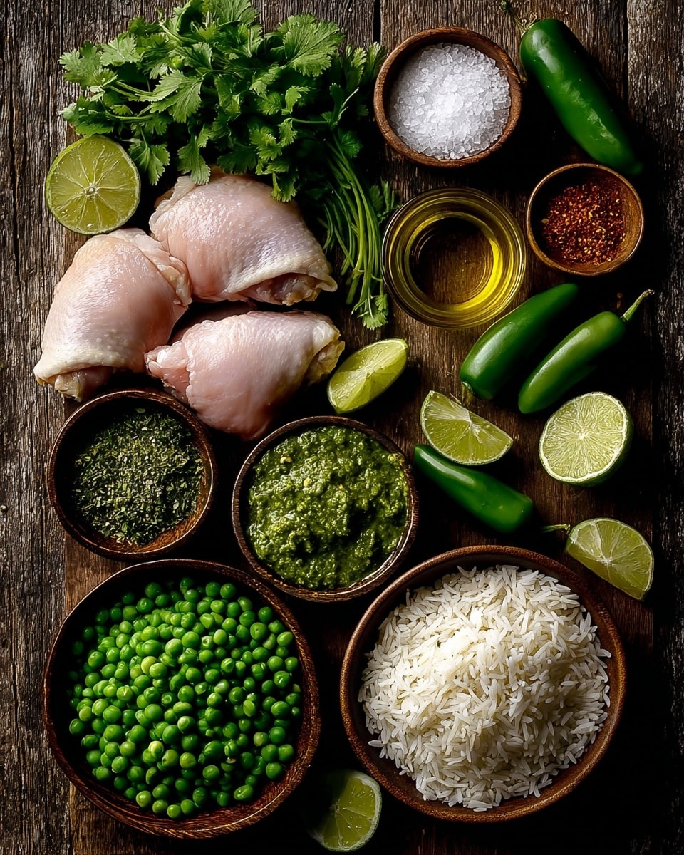 The image shows an overhead view of several cooking ingredients arranged neatly on a dark wooden surface. There are three raw chicken thighs with a light pink and smooth texture positioned in the center left. Above these, a bunch of fresh green cilantro leaves and a small wooden bowl of white salt are placed. To the right, there is a small glass container of olive oil reflecting light, next to two bright green jalapeno peppers. Scattered lime halves and wedges are placed around the scene adding pops of light green. In the lower middle, a wooden bowl filled with bright green peas and beside it, a bowl of white rice with individual grains visible. There is also a bowl of green chutney with a rough, paste-like texture and another bowl of finely chopped white onion garnished with cilantro leaves. Small wooden bowls contain dried herbs and ground red spice powder completing the layout. Photo taken with an iphone --ar 4:5 --v 7