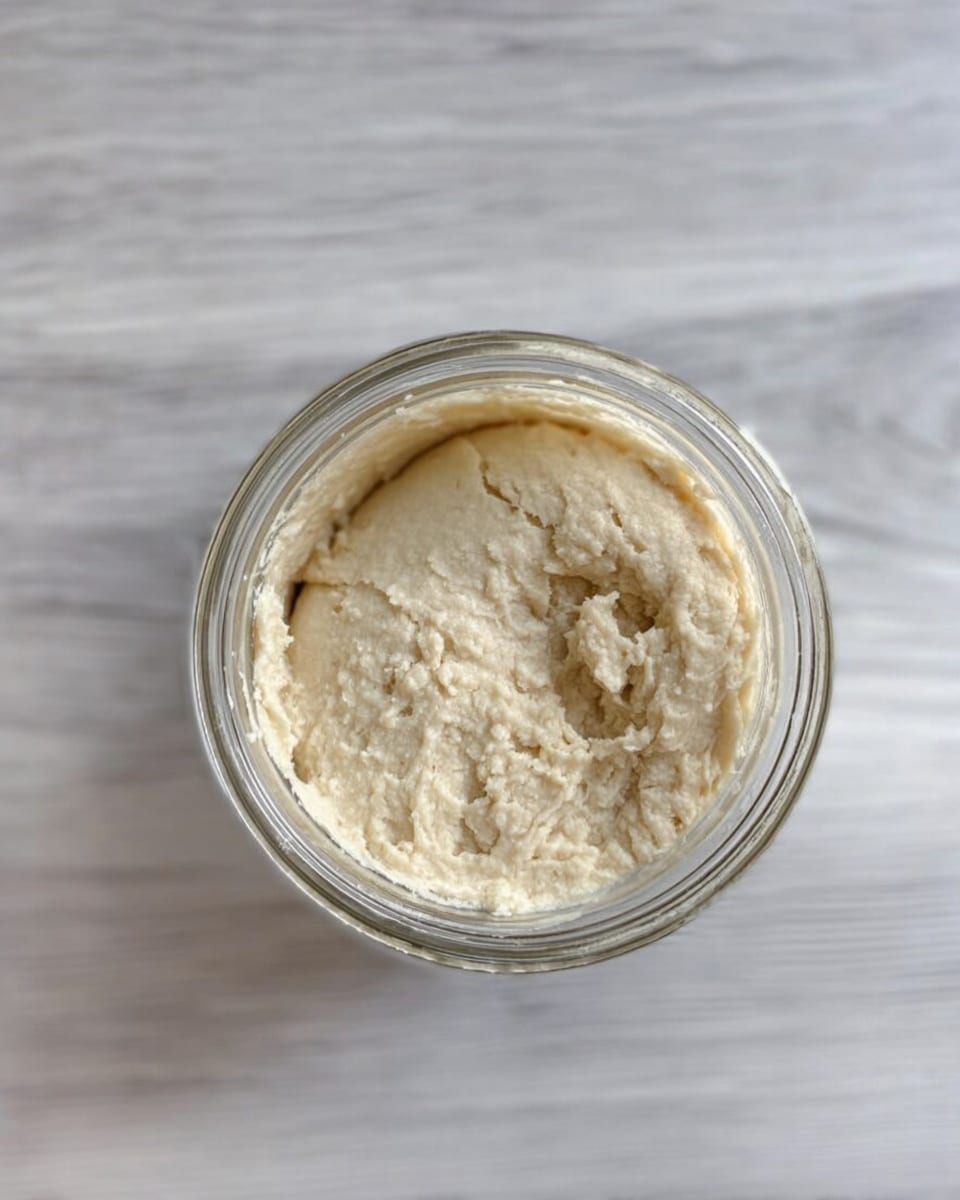 A close-up top view of a thick, pale dough with a slightly rough and sticky texture inside a clear glass jar. The dough is creamy off-white, filling about half of the jar, and small air bubbles and uneven creases are visible on the surface. The jar sits on a white marbled textured surface with light grey wood grain patterns blurred in the background. photo taken with an iphone --ar 4:5 --v 7
