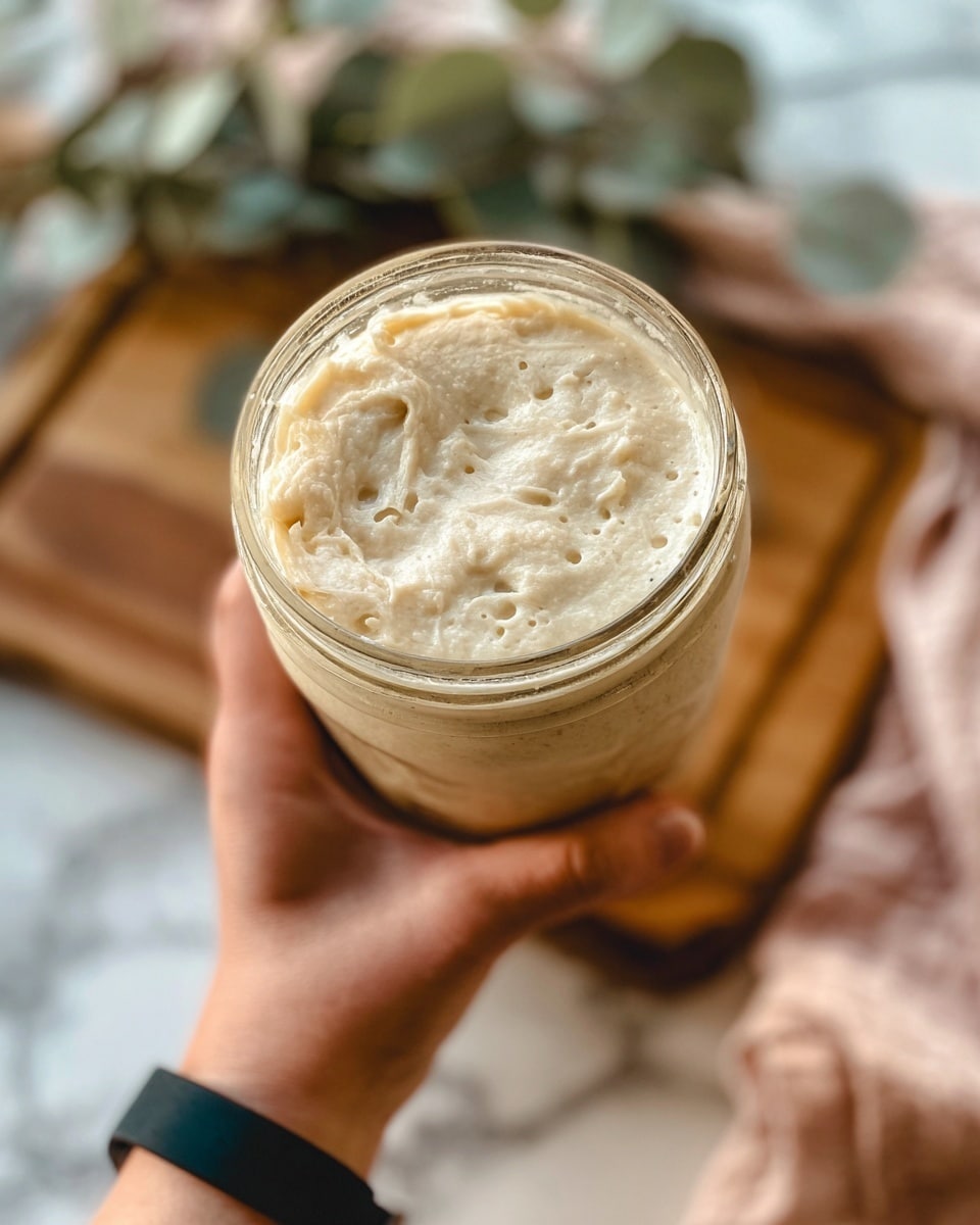 A woman's hand wearing a black wristband holds a clear glass jar filled with a creamy, beige dough that looks soft and bubbly on top. The background features a blurred white marbled surface with a wooden board and some leafy greens in soft focus behind the jar. The dough’s texture is smooth with small air pockets visible across the surface photo taken with an iphone --ar 4:5 --v 7
