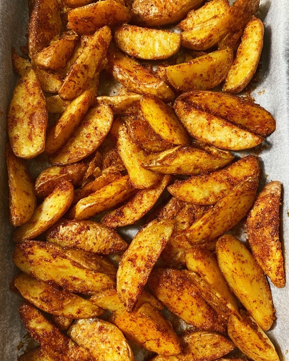 The image shows a baking tray filled with many potato wedges that are golden brown with a crispy texture. The wedges have a mix of light and dark orange-brown colors from the spices and roasting, with some pieces showing their slightly rough skin, while others expose the soft yellow inside. The potatoes are spread out evenly on a layer of white parchment paper that lines the tray, creating a contrast between the crispy potato pieces and the clean background. Photo taken with an iphone --ar 4:5 --v 7