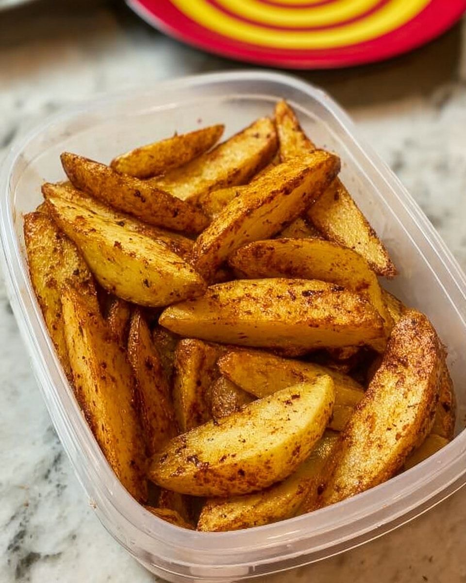 The image shows a clear plastic container filled with thick potato wedges. The wedges are golden brown with a slightly rough texture, showing some darker seasoning spots scattered on the surface. The potato wedges are piled high in the container, overlapping each other, with a crispy appearance on the outside. The container is placed on a white marbled surface with a hint of a red and yellow plate in the background. photo taken with an iphone --ar 4:5 --v 7