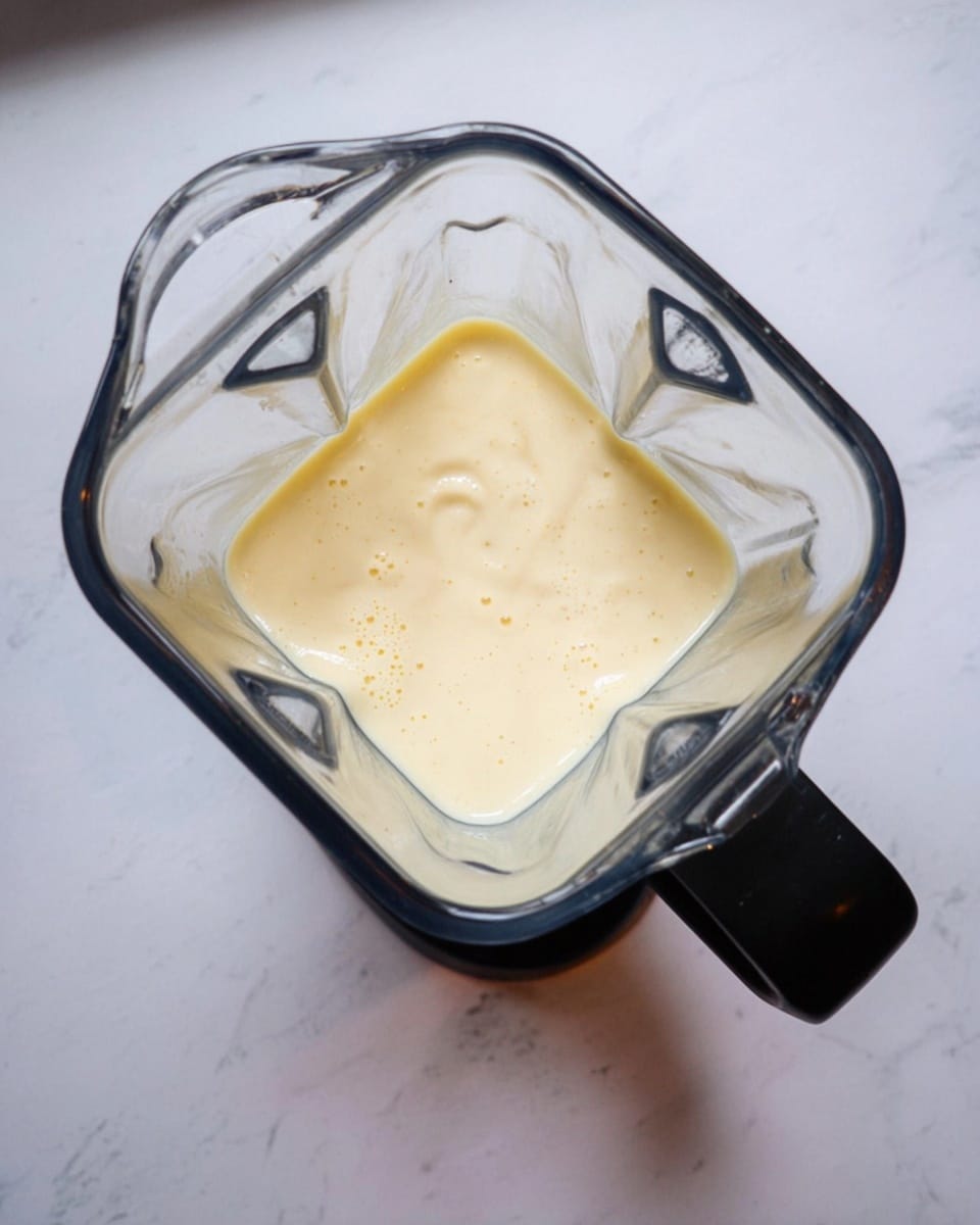 A clear blender jar with six distinct inner edges holds a creamy, pale yellow mixture that fills the bottom layer. The mixture looks smooth with some soft, bubbling texture on top. The blender jar has a black handle extending from the side, resting on a white marbled surface. photo taken with an iphone --ar 4:5 --v 7