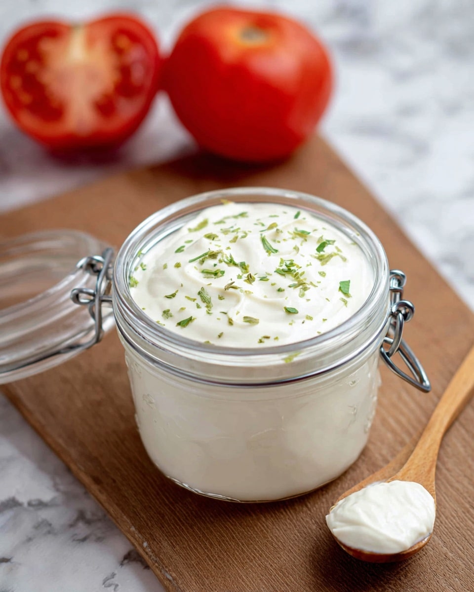 A clear glass jar filled with a thick white creamy sauce, topped with small green herb flakes scattered over the surface; the jar is open with its metal clasp visible on a wood surface. In the background, slightly blurred, are two whole red tomatoes, one whole and one sliced in half showing its juicy inside, on the same wood surface along with a wooden spoon with a dollop of the white sauce resting on it. The scene is set against a white marbled texture. photo taken with an iphone --ar 4:5 --v 7