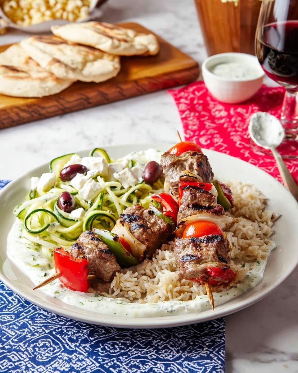 A white plate holds two grilled skewers with layers: bright red cherry tomatoes, red bell pepper pieces, chunks of grilled meat with light char marks, green bell pepper, and small bits of red onion. Under the skewers is a bed of light brown rice and a white creamy sauce with herbs at the edge of the plate. On the left side, there is a salad made of pale green spiralized zucchini with scattered dark olives, white cheese cubes, and red tomato pieces. In the background, there is a wooden board holding pieces of light brown pita bread on a red cloth with white patterns, along with a white bowl of sauce and a spoon. The setting is on a white marbled surface with a blue patterned cloth near the plate, and a glass of dark red wine next to a wooden container filled with popcorn. photo taken with an iphone --ar 4:5 --v 7