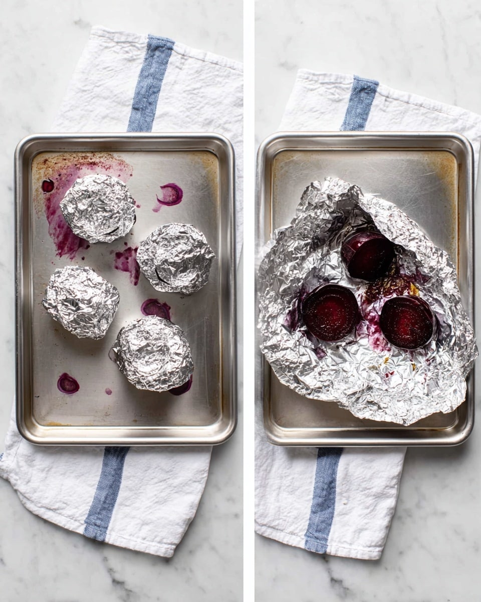 The image shows two side-by-side views on a white marbled surface with a white cloth that has a blue stripe, both displaying a silver metal baking tray. The left view has three foil-wrapped round shapes placed spaced apart on the tray, with some purple juice stains on the tray. The right view shows the same baking tray but now the foil is opened, revealing three dark purple roasted beetroot halves inside the crinkled silver foil, each showing a slightly textured top and some juice stains on the foil and tray. Photo taken with an iphone --ar 4:5 --v 7