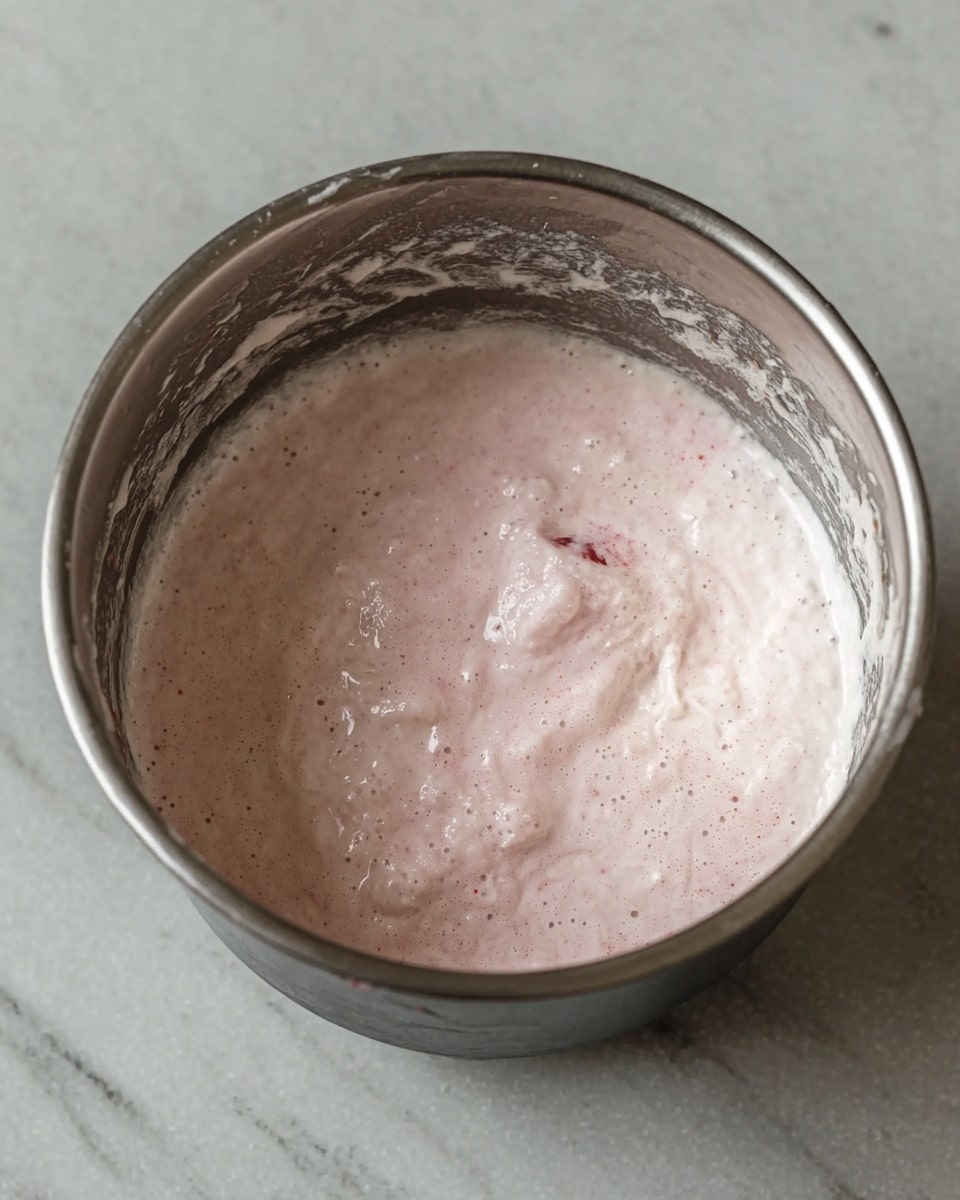 A close-up of a metal bowl with a light pink, thick, and frothy mixture inside. The mixture has small chunks and bubbles scattered throughout, with some parts looking a bit foamy on the surface. The sides of the bowl show leftover residue of the same mixture. The bowl is placed on a white marbled textured surface. photo taken with an iphone --ar 4:5 --v 7
