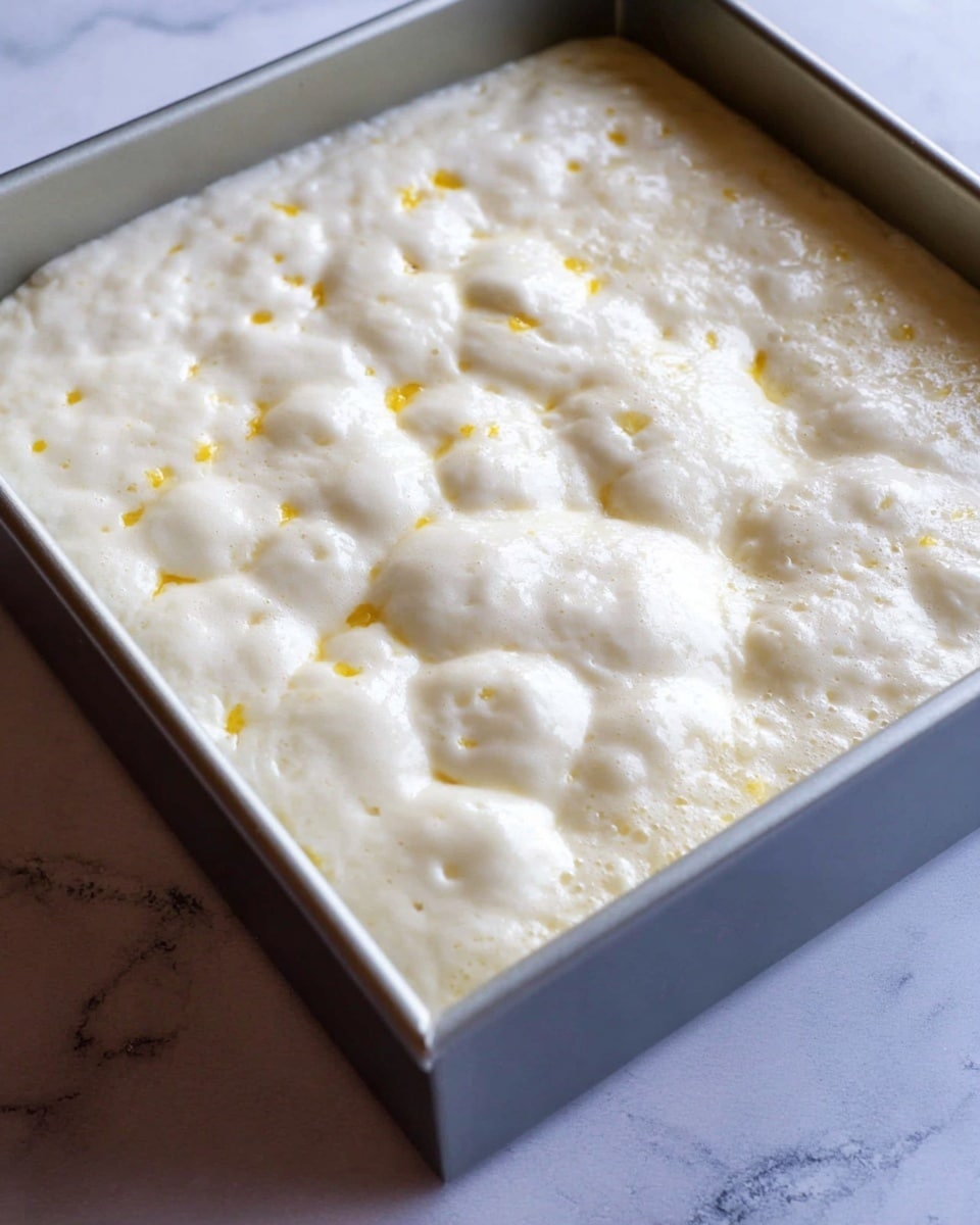 A close-up image of a square silver baking pan filled with a thick, bubbly, white batter that has small yellow specks scattered on top. The batter has risen with many large and small bubbles giving it a puffy, airy look. The pan is set on a white marbled surface. photo taken with an iphone --ar 4:5 --v 7