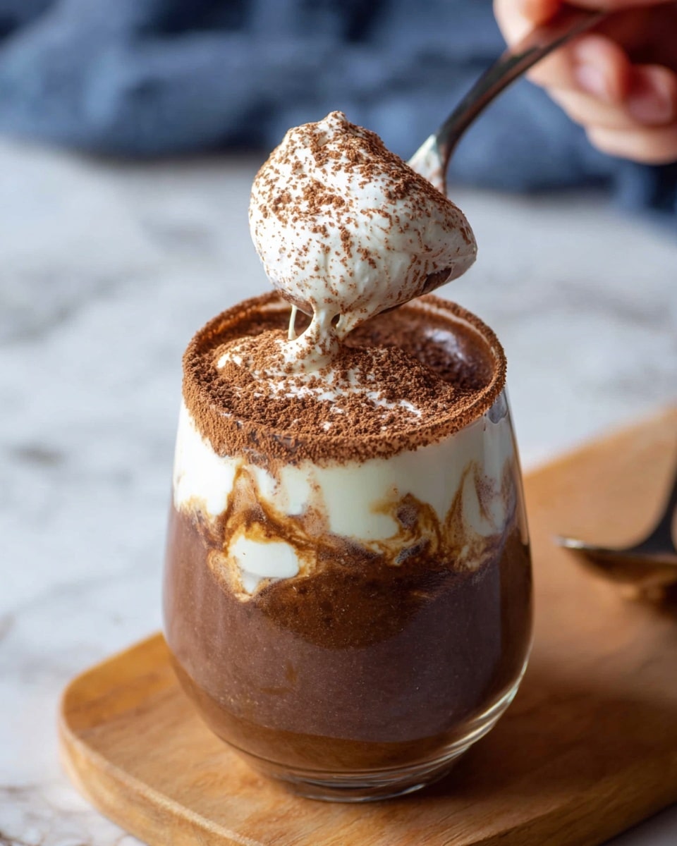 A clear glass filled with two main layers: a thick dark brown chocolate layer at the bottom, and a creamy white layer on top, partially mixed to create swirls of brown and white near the upper edge. The rim of the glass is dusted with cocoa powder. A spoon is held by a woman's hand above the glass, showing a scoop of the dessert covered with white cream and sprinkled with cocoa powder. The glass is placed on a light wooden board, with a white marbled texture in the blurred background. photo taken with an iphone --ar 4:5 --v 7
