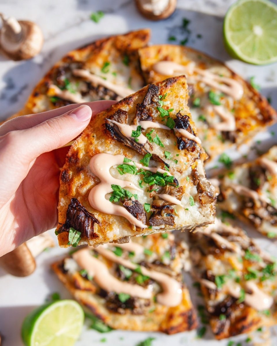 A woman's hand is holding a piece of flat, round bread with a golden-brown crust and visible toasted spots. The bread is layered with a spread of melted cheese and dark caramelized mushrooms. On top, there are thin drizzles of a pale pink sauce and sprinkles of fresh green chopped herbs. Under the piece, more flatbreads with similar toppings are arranged on a white marbled surface, with lime wedges and whole mushrooms scattered around. The lighting is bright and natural, showing the textures clearly photo taken with an iphone --ar 4:5 --v 7
