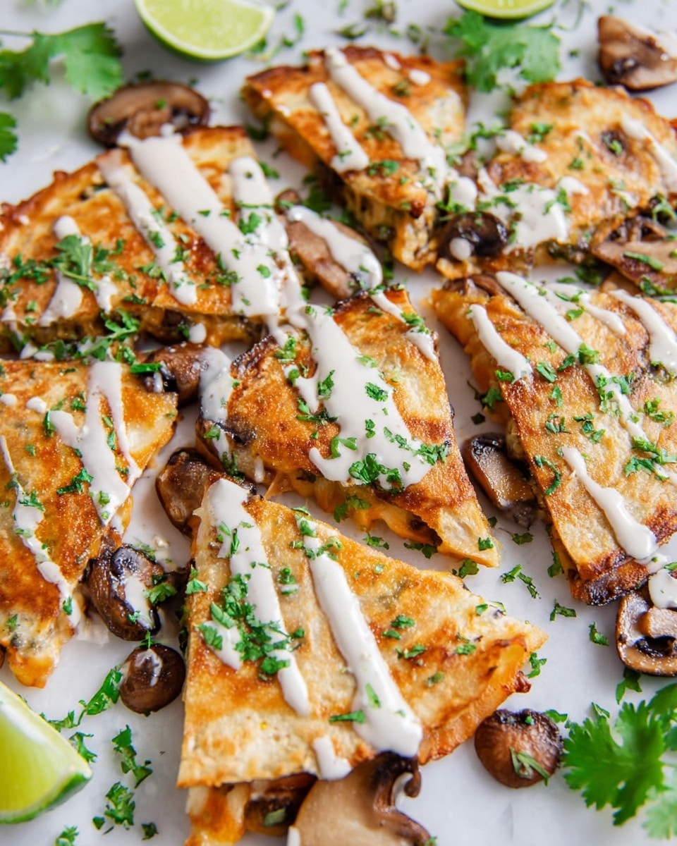 The image shows several triangular pieces of quesadilla arranged flat on a white marbled surface. Each quesadilla slice has a golden-brown crispy shell with melted cheese inside and visible cooked mushrooms as filling. White creamy sauce is drizzled over each triangle in thin lines. Small green chopped herbs are sprinkled on top of the quesadillas and the surrounding area. There are also whole and sliced cooked mushrooms around the edges. Two lime wedges appear in the background next to some fresh cilantro leaves. photo taken with an iphone --ar 4:5 --v 7