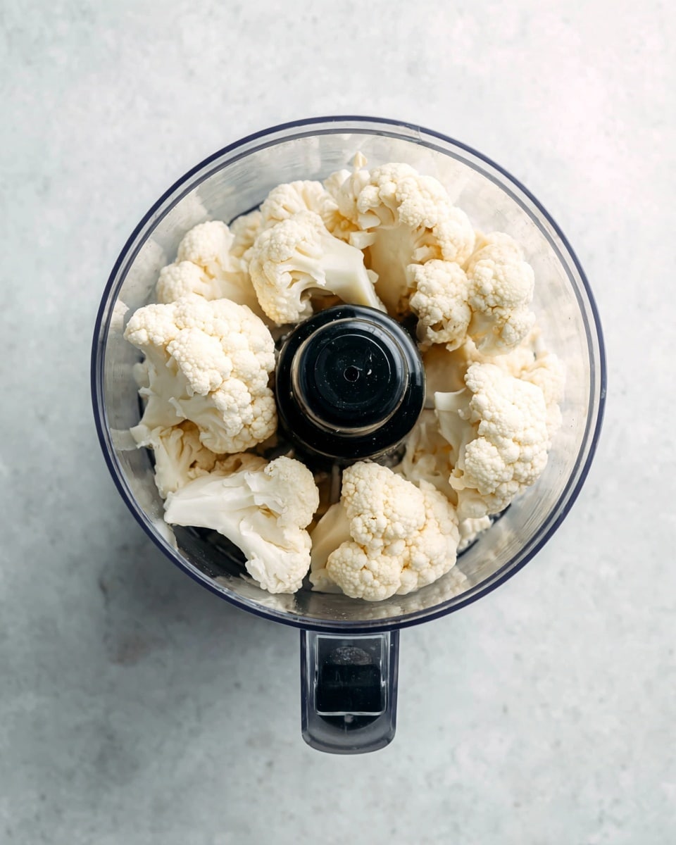 A transparent food processor bowl is filled with about ten pieces of light cream colored cauliflower florets, arranged around the black central blade. The food processor is placed on a white marbled surface, showing a few soft reflections. The cauliflower pieces show small bumpy texture with some open spaces inside, and the black blade center contrasts with the pale cauliflower. Photo taken with an iphone --ar 4:5 --v 7