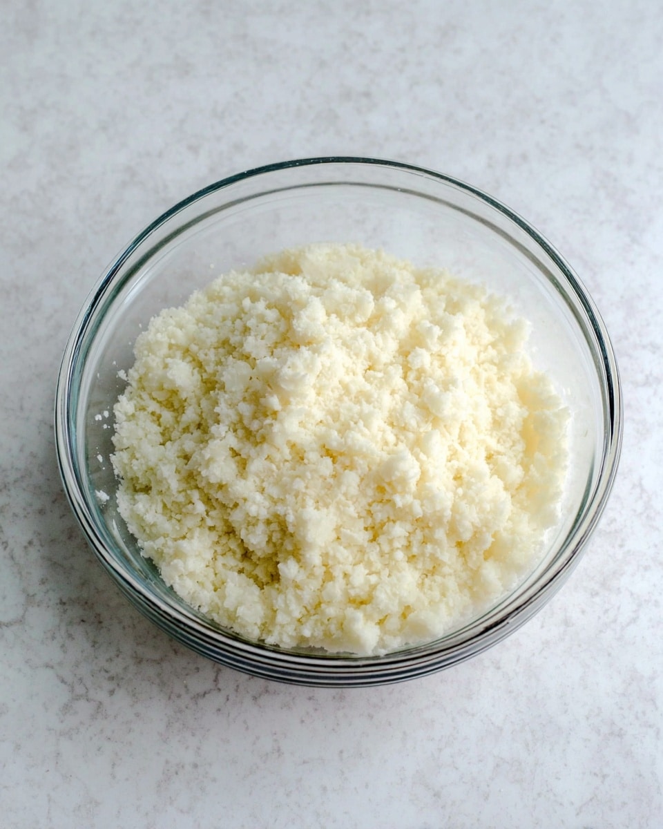 A clear glass bowl holds a single layer of fluffy, white cauliflower rice with a slightly grainy texture. The bowl is placed on a white marbled surface. The cauliflower rice looks soft and light, filling the bowl almost to the top. photo taken with an iphone --ar 4:5 --v 7