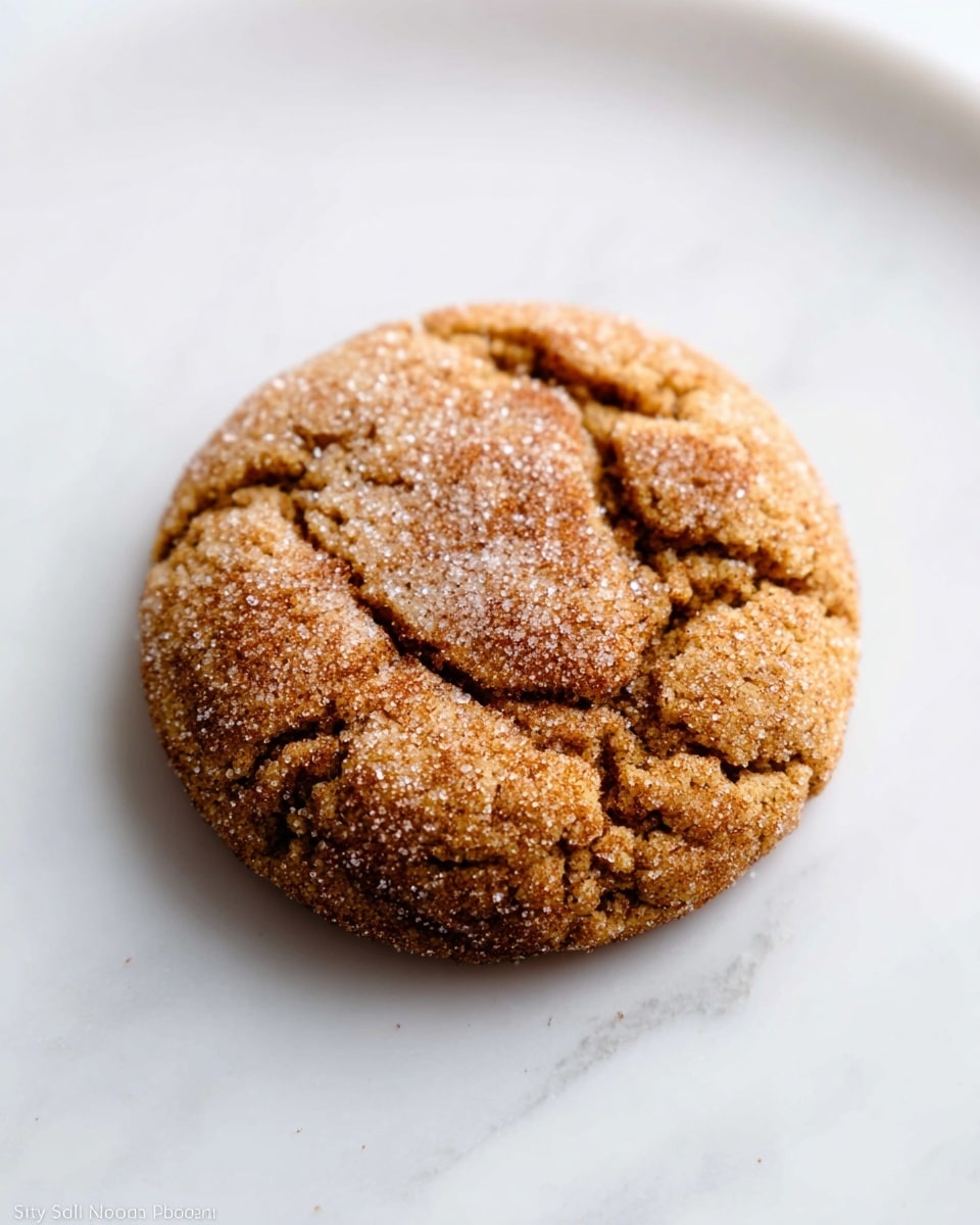 A single round cookie sits in the center of a white plate on a white marbled surface. The cookie is golden brown with a slightly cracked top. It is covered with a layer of coarse sugar and a dusting of cinnamon that adds a rough, sparkly texture. The edges are gently rounded, and the cookie looks soft but firm with slight unevenness showing its homemade quality. Photo taken with an iphone --ar 4:5 --v 7