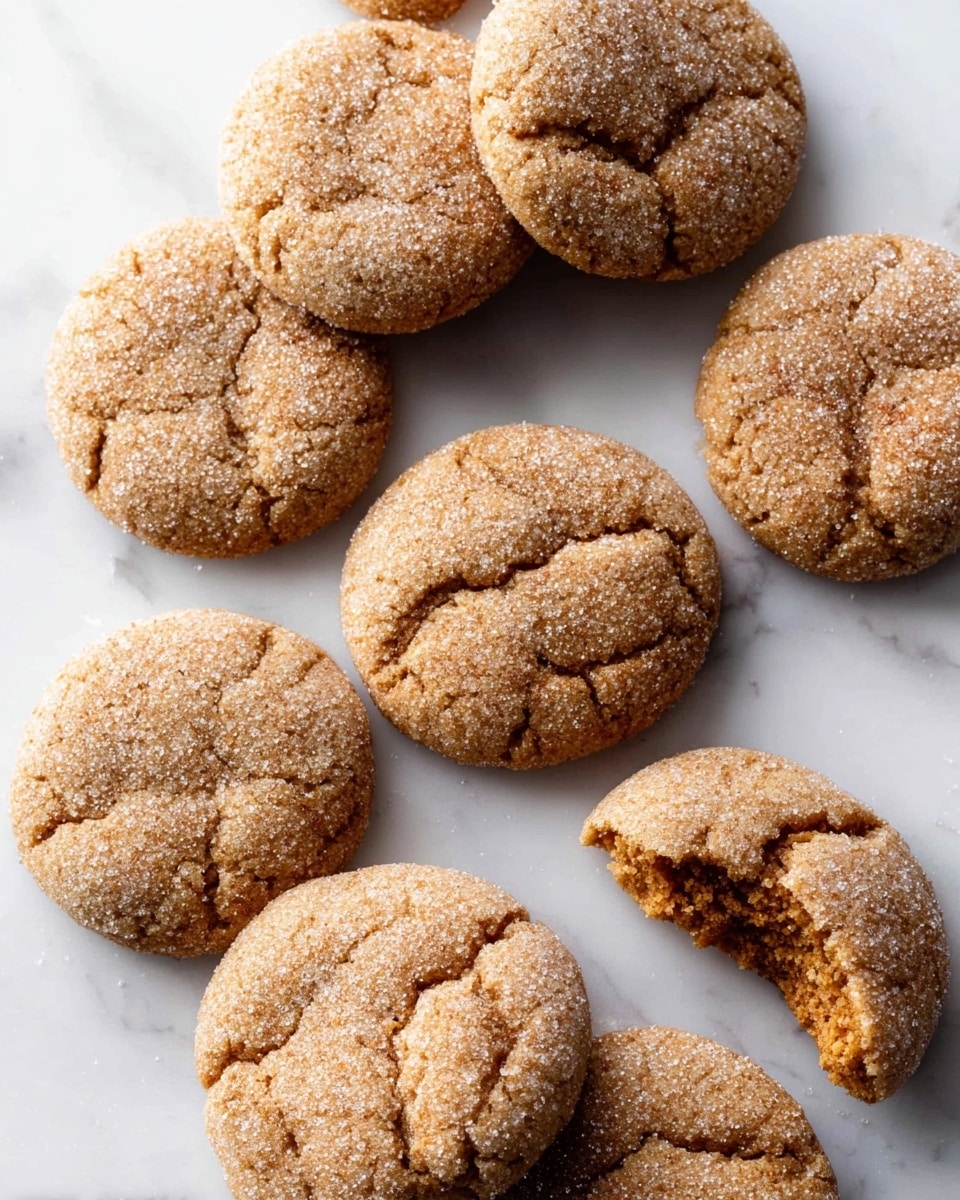 A group of round light brown cookies with a cracked surface and sparkling sugar on top is laid out on a white marbled surface. There are about ten cookies, some overlapping slightly while others are spaced apart. One cookie at the top right is broken in half showing a soft inside texture. The cookies have a rough, slightly crumbly look with a dusting of sugar that reflects light. photo taken with an iphone --ar 4:5 --v 7