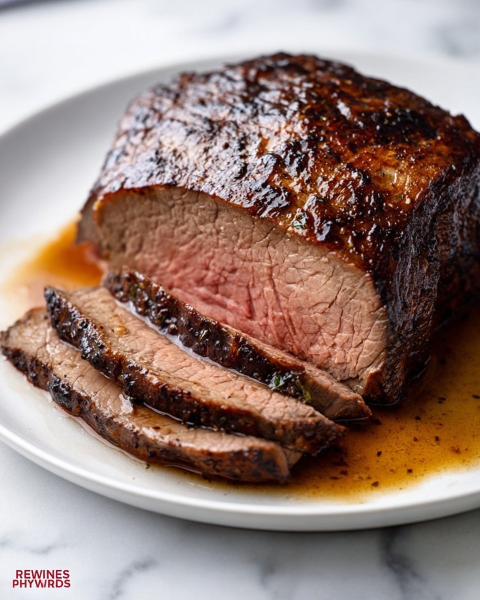 A large piece of cooked beef roast sits on a white plate over a white marbled surface, with a dark brown, slightly shiny crust on the outside that shows grill or sear marks. The inside of the roast is tender pink with a smooth texture, and a few slices have been cut and leaned against the main piece, showing the cooked edges with a darker brown color. A light brown sauce or juice pools around the meat on the plate. photo taken with an iphone --ar 4:5 --v 7