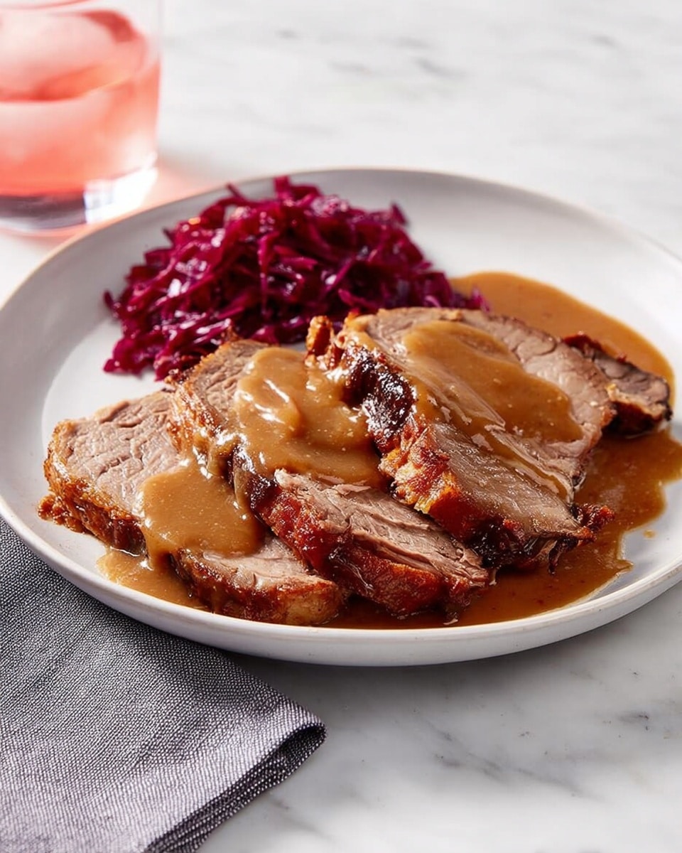 The image shows a white plate with three thick slices of roasted meat placed slightly overlapping each other in the center. The meat has a rich brown color with a crispy texture on the edges and visible juices. A smooth brown gravy sauce is generously poured over the top slice, creating a glossy finish. On the left side of the plate, there is a small pile of shredded red cabbage adding a deep red color contrast. The plate is set on a white marbled surface with a gray cloth napkin barely visible on the left side, and a clear glass with a pinkish drink is slightly blurred in the background. Photo taken with an iphone --ar 4:5 --v 7