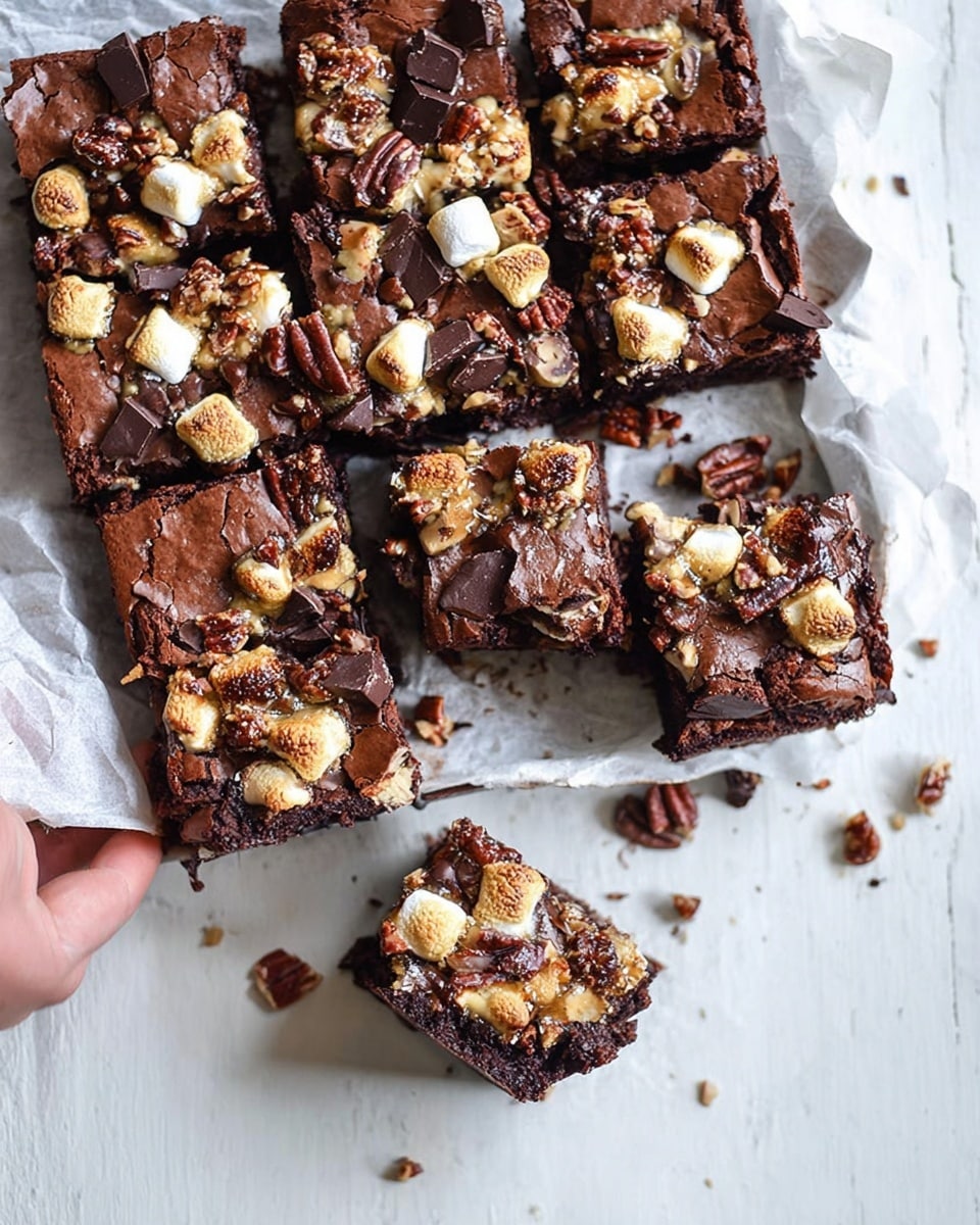 The image shows a tray of chocolate brownies cut into square pieces, placed on white parchment paper over a white marbled surface. The brownies have a dark, rich chocolate base layer with a slightly cracked shiny top layer. On this top layer, there are scattered toasted marshmallows that are light golden brown and soft-looking, along with rough pieces of chocolate chunks and whole pecan nuts that add a textured, rustic look. One piece is held by a woman's hand, showing the moist, dense inside of the brownie. Crumbs and some pecan pieces are scattered around the tray, emphasizing a casual, homemade feel. photo taken with an iphone --ar 4:5 --v 7