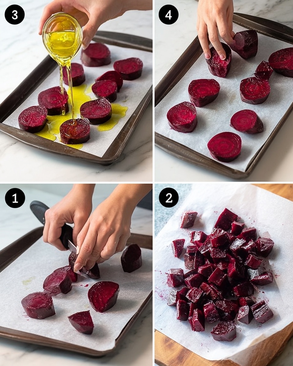 The image shows a step-by-step process of preparing beets on a white marbled surface. In the first frame, a woman's hand is drizzling yellow oil over nine thick, round slices of deep red beets arranged on a tray lined with parchment paper. The second frame shows two woman's hands spreading the same beet slices on the parchment. The third frame captures a woman's hand peeling or slicing the beet with a black tool, where the beet's deep purple-red texture is visible. The last frame displays many small, diced beet pieces piled on white parchment paper, showing a rich dark red color with a slightly shiny yet matte texture. Photo taken with an iphone --ar 4:5 --v 7