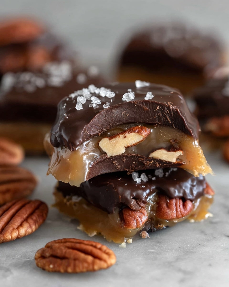 This close-up image shows a layered sweet treat standing on a white marbled surface. At the base, there is a layer of whole pecan nuts, dark brown with a smooth, ridged texture. Above this, a thin layer of dark chocolate with a glossy finish covers part of the nuts. Next, there is a thick, caramel-colored layer with a soft, smooth texture. The top layer is a rich, shiny dark chocolate coating sprinkled with coarse white sea salt flakes. The chocolate appears slightly melted and glossy. In the background, some more similar treats and loose pecans blur softly. Photo taken with an iphone --ar 4:5 --v 7