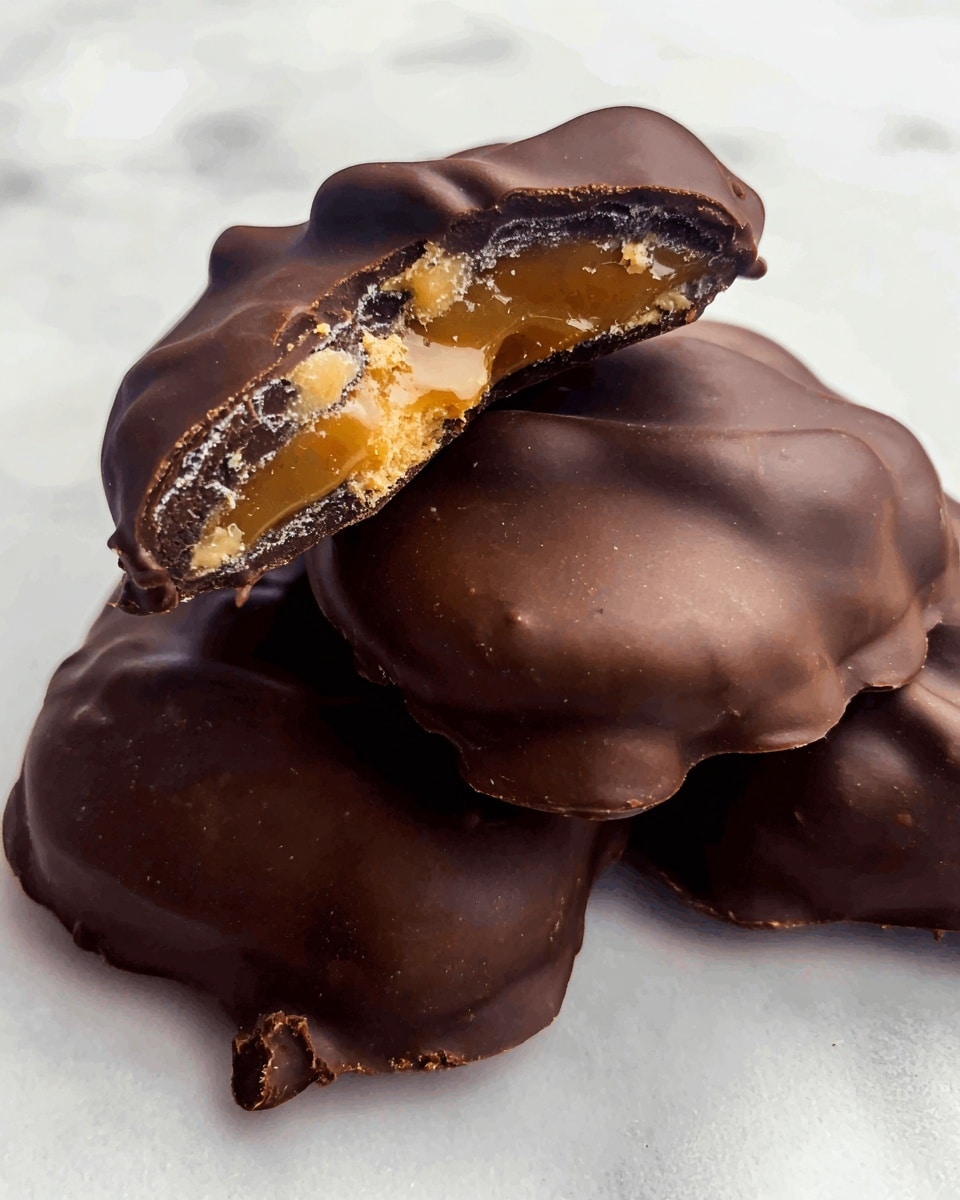 A small pile of four irregularly shaped chocolate-covered treats sits on a white marbled surface. Each piece has a smooth, dark brown chocolate coating with a slightly bumpy texture. One piece is broken in half and rests on top of the others, showing three clear layers inside: a dark chocolate outer shell, a soft caramel middle layer with a sticky texture, and a crunchy light tan nut or brittle center at the core. The edges of the caramel layer drip slightly over the nut, creating a natural, uneven look. Photo taken with an iphone --ar 4:5 --v 7