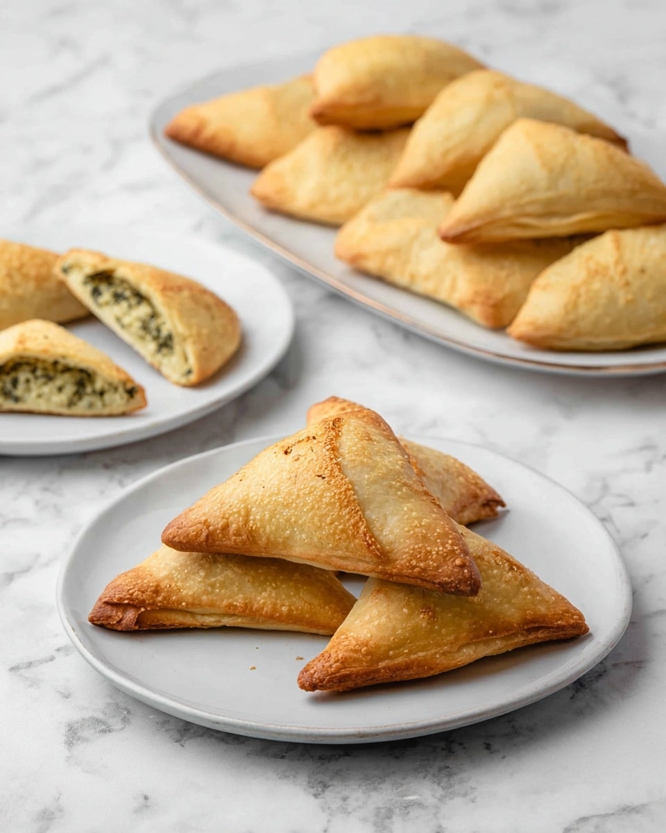 The image shows golden-brown triangular pastries arranged on a white round plate with three pastries stacked side by side on the front. Behind them, on a white marble surface, there is a white plate holding a line of similar triangular pastries, all baked to a light golden color with slightly darker edges. To the left, two pastries are split open, revealing a green and white filling inside. The background is a white marbled texture. Photo taken with an iphone --ar 4:5 --v 7
