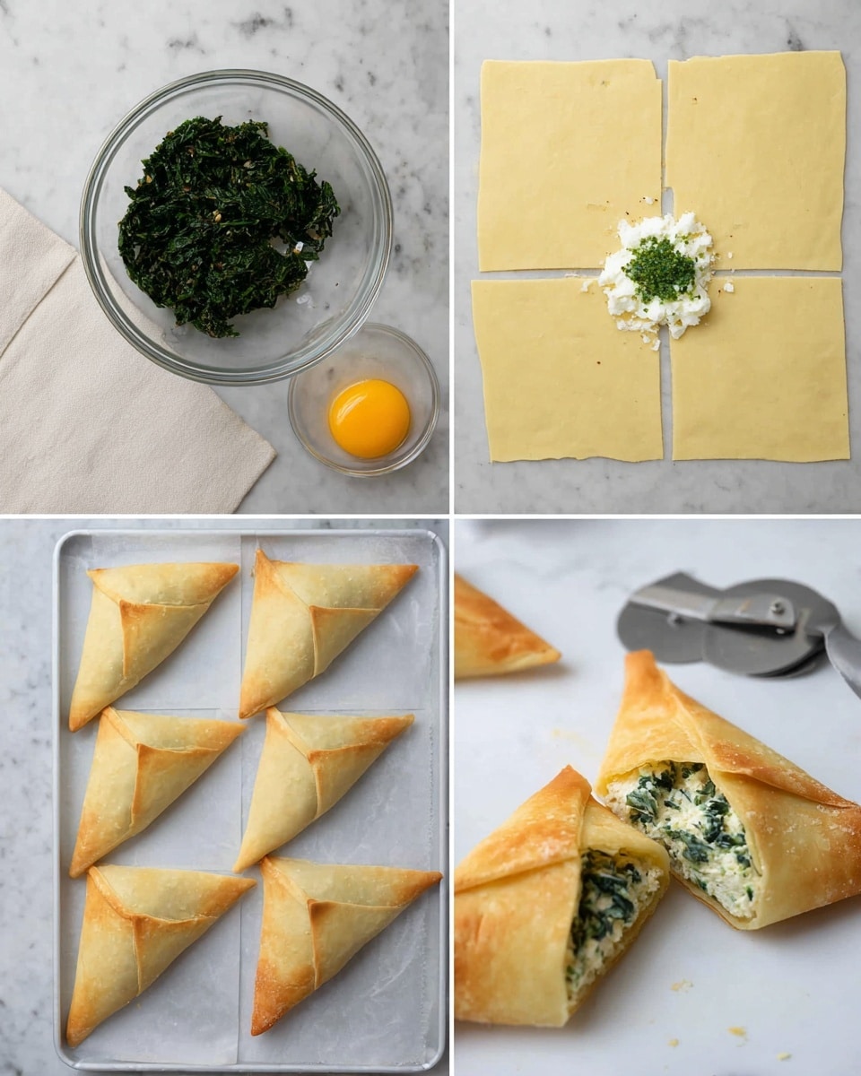 The image shows a step-by-step process of making filled pastry triangles. The first layer is dark green cooked spinach in a white cloth. The second layer is a clear glass bowl with a mix of white cheese, a yellow raw egg yolk, black pepper, salt, and green chopped spinach, all on a white marbled texture. The third layer is a large sheet of light yellow dough cut into square shapes on a white marbled surface with a pizza cutter on the side. The fourth layer shows a small amount of the green and white spinach-cheese filling placed in the center of one dough square with one triangle dough piece beside it. The fifth layer shows several assembled dough triangles on a white tray on the white marbled surface, ready to be cooked. The last layer is a close-up of two cooked golden brown pastry triangles, one of them cut open to show the green and white spinach and cheese filling inside. photo taken with an iphone --ar 4:5 --v 7