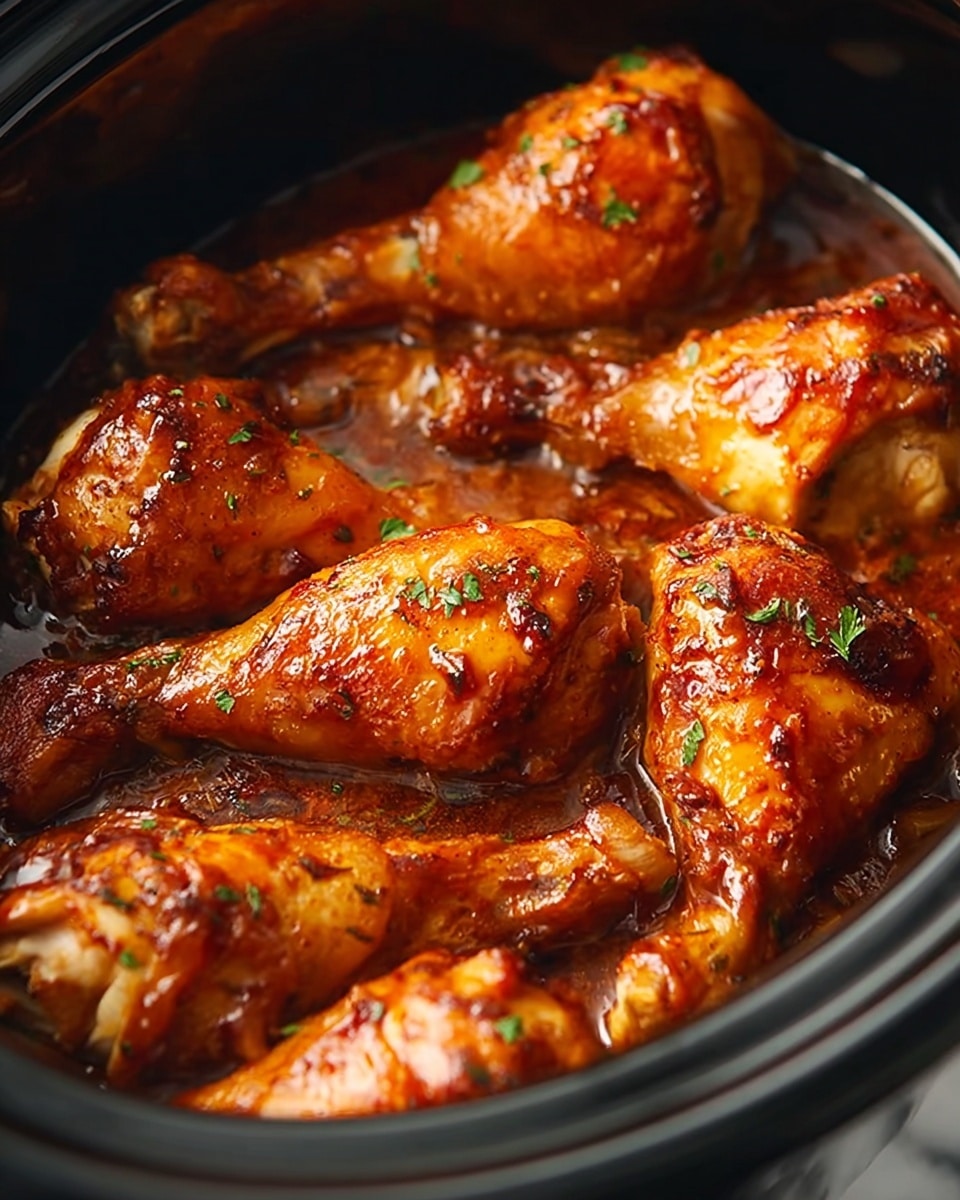 Close-up of a black round slow cooker filled with golden brown chicken drumsticks cooked in a rich, glossy brown sauce. The drumsticks are arranged in a slightly overlapping way, showing their juicy, shiny texture with a few small green herb bits sprinkled on top. The background has a white marbled texture. photo taken with an iphone --ar 4:5 --v 7