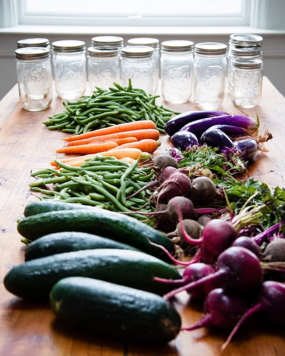 The image shows a wooden table covered with fresh vegetables arranged in rows. From left to right, there are large dark green cucumbers, bright orange carrots with green tops, long purple eggplants with smooth shiny skin, a bunch of fresh green beans in the middle, red beets with round tops and roots, and purple and white radishes with green stems. Behind the vegetables, there are several empty glass jars with metal lids lined up against a bright window. The setting is bright and clean, with the wooden table adding warmth and the glass jars reflecting light. photo taken with an iphone --ar 4:5 --v 7