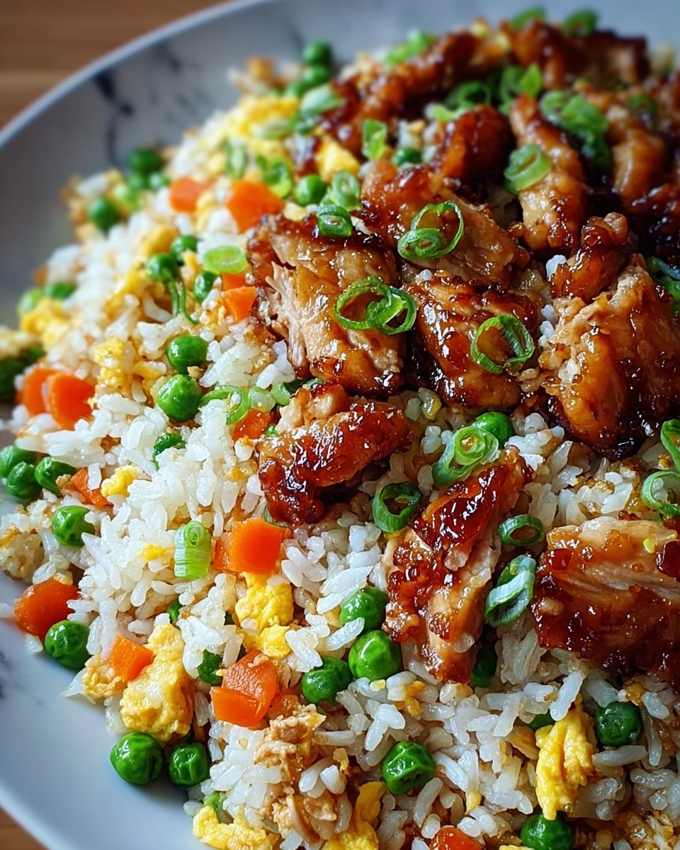 The image shows a close-up of a plate of fried rice layered with white grains of rice mixed with small bright green peas and orange carrot cubes scattered evenly throughout. There are light yellow scrambled egg pieces mixed in, adding soft texture, and tender pieces of brown glazed chicken spread across the dish, with a shiny sauce coating. Thinly sliced green onions are sprinkled on top, adding a fresh green finish. The dish is packed with colors and textures that look moist and flavorful. The background has a white marbled texture and the photo taken with an iphone --ar 4:5 --v 7