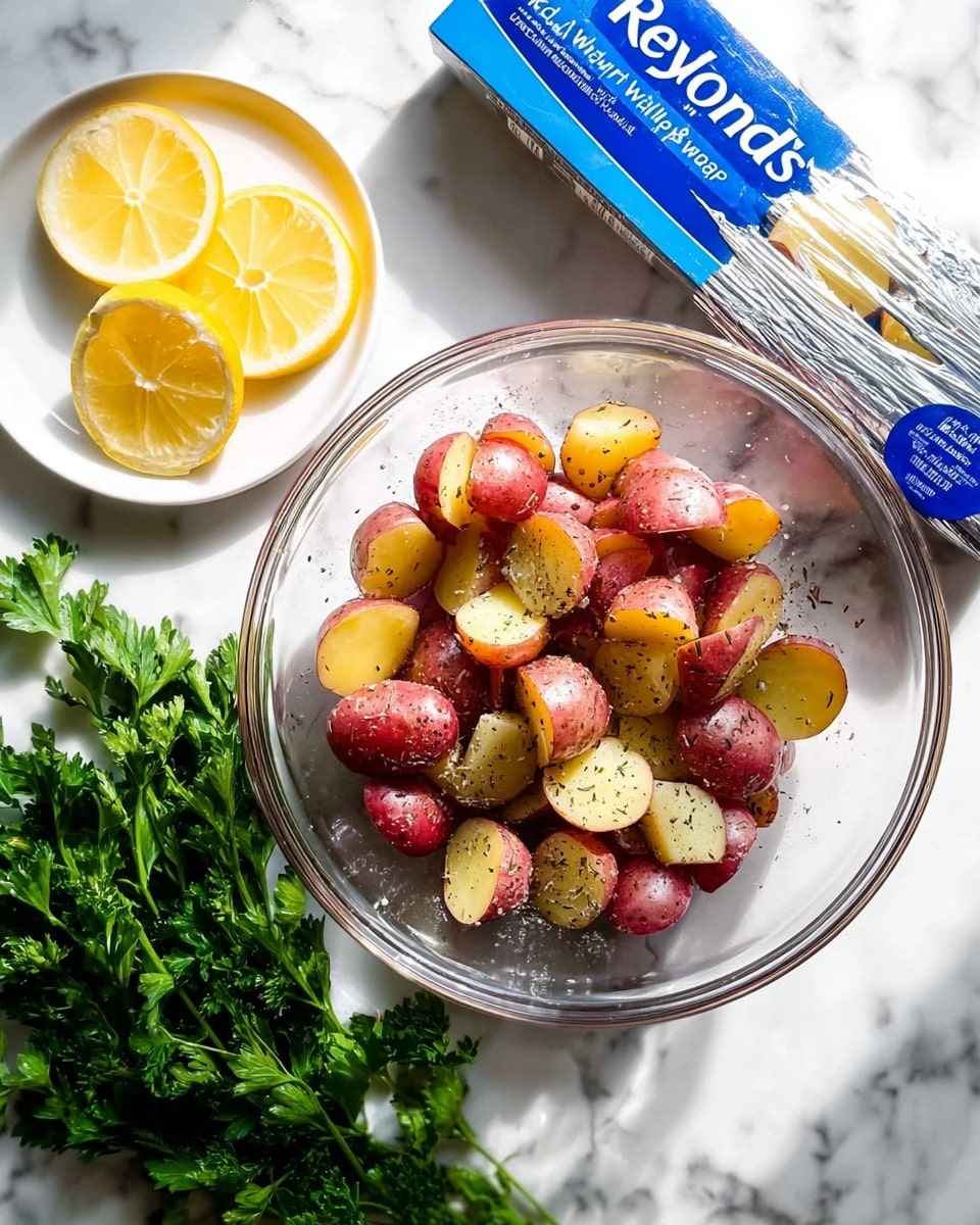 The image shows a clear glass bowl filled with several pieces of small red and yellow potatoes, each cut into halves and quarters. The potatoes are sprinkled with visible black pepper and some salt. To the left of the bowl is a small white plate holding three lemon slices with a bright yellow color. Below the bowl, there is a bunch of fresh green parsley with textured leaves. At the top left corner, there is a blue and white box of Reynolds Wrap foil on a white marbled surface that serves as the background. The photo is bright with natural light and balanced shadows. photo taken with an iphone --ar 4:5 --v 7