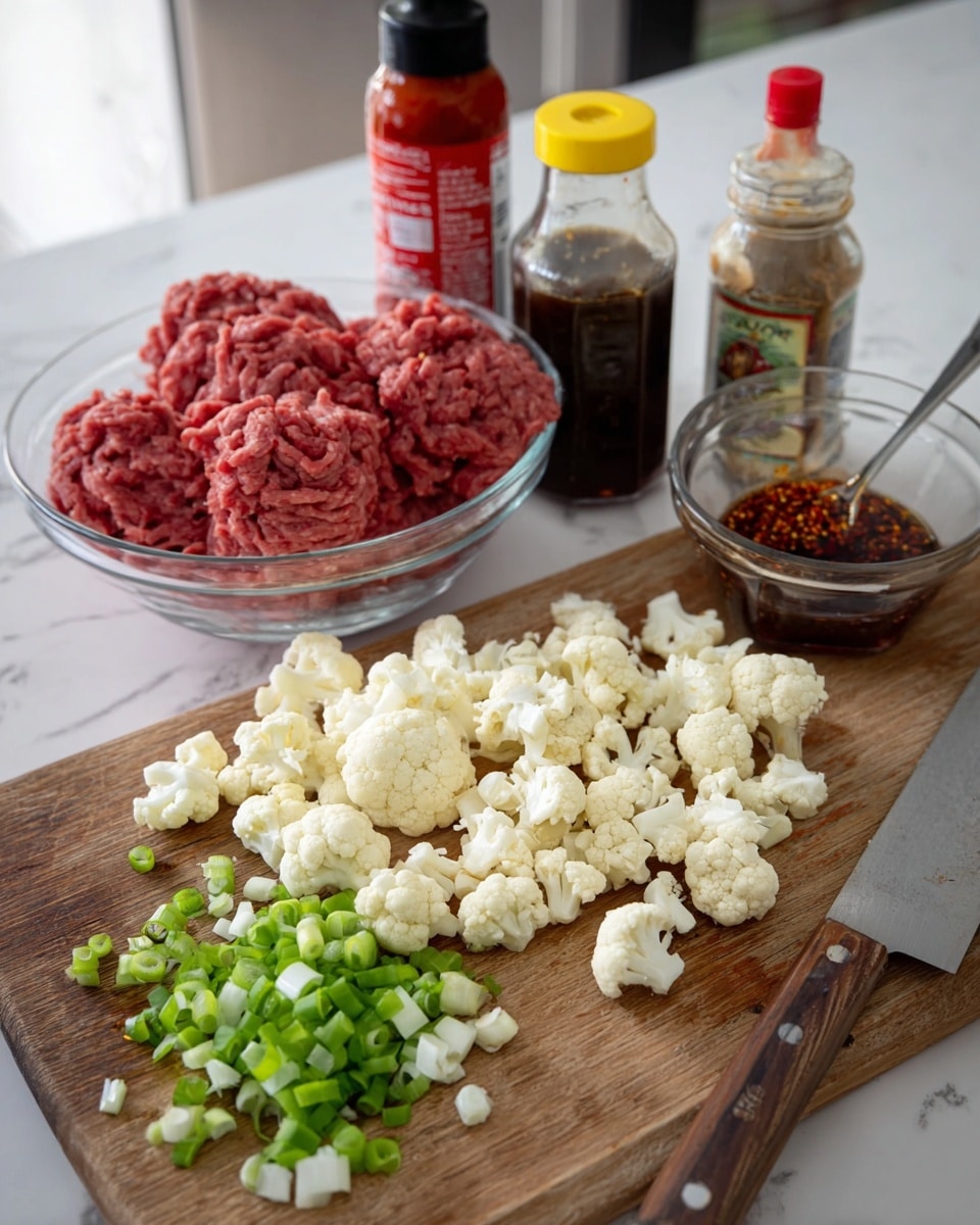 A wooden cutting board sits on a white marbled surface, holding two piles: one of small white cauliflower florets on the right, and a smaller pile of chopped green onions on the left, along with a sharp knife with a wooden handle lying flat at the bottom right of the board. Behind the board, slightly blurred, is a clear glass bowl with three large clumps of raw ground beef showing a rich red color. Next to the bowl, from left to right, are a tube of red tomato paste, a dark soy sauce bottle, a jar of chili crunch with a spoon inside a clear glass measuring cup filled with a dark reddish-brown sauce, and a bottle of black vinegar with a yellow cap, all standing on the same white marbled texture. Photo taken with an iphone --ar 4:5 --v 7