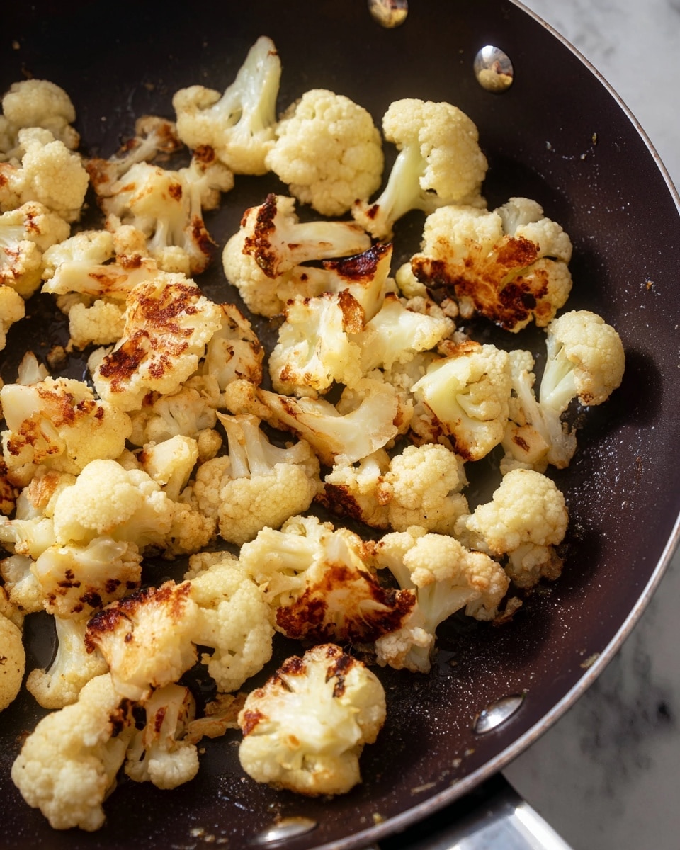 The image shows many small cauliflower pieces cooking in a dark pan. Each cauliflower piece is off-white with light brown spots where it is toasted, giving a mix of soft and crispy texture. The pan surface is smooth and dark with shiny metal rivets at the top. The cauliflower pieces are spread out evenly across the pan on a white marbled surface. Photo taken with an iphone --ar 4:5 --v 7