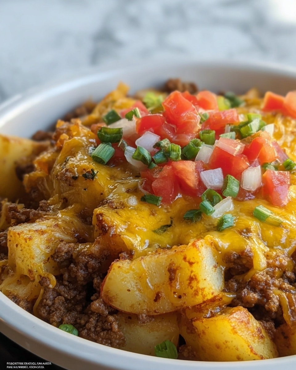 A close-up of a dish in a white bowl showing three main layers: the bottom layer has cooked, golden-brown potato cubes with a slightly crispy texture; the middle layer features browned ground meat spread evenly over the potatoes; the top layer is melted yellow cheddar cheese covering the meat, with small diced red tomatoes, white onion, and green chopped scallions sprinkled on top. The background has a white marbled texture. Photo taken with an iphone --ar 4:5 --v 7