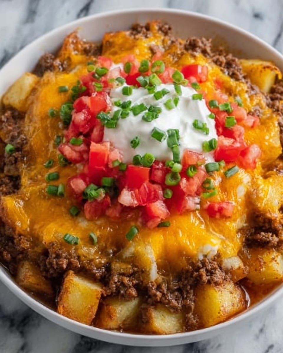 A white bowl filled with a layered dish starting with browned ground beef mixed with golden brown cooked potatoes at the bottom. On top is a thick layer of melted bright orange cheddar cheese covering the beef and potatoes. In the center sits a dollop of smooth, white sour cream, surrounded by small diced red tomatoes and finely chopped green onions. The bowl is placed on a white marbled surface. Photo taken with an iphone --ar 4:5 --v 7