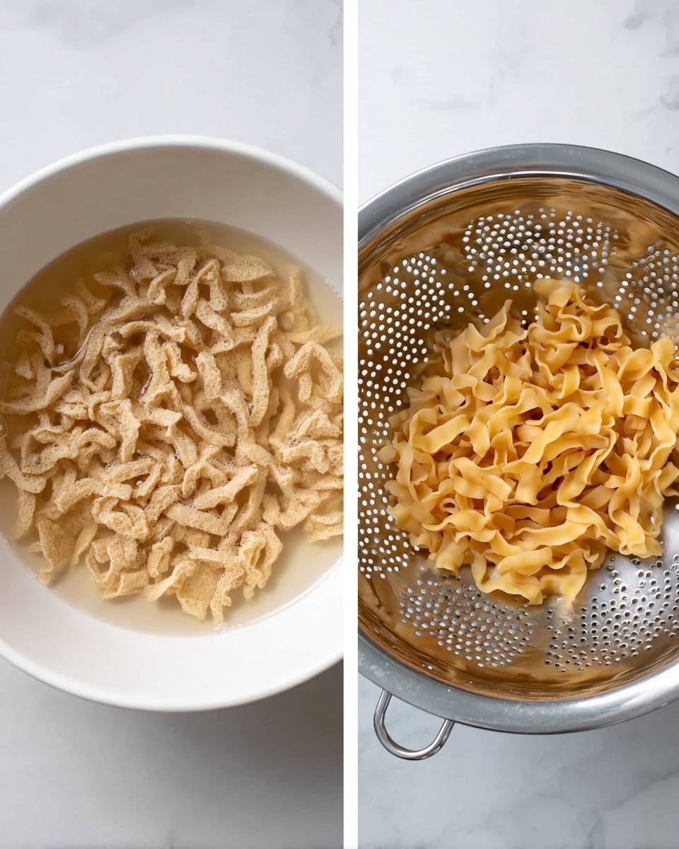 The image shows two close-up shots side by side. On the left, a white bowl filled with light beige textured strips soaking in a clear liquid, creating a soft and slightly uneven surface with some parts submerged. On the right, the same light beige strips are drained and placed loosely in a silver metal colander with small round holes, showing a dry and rough texture with some irregular shapes and folds. Both images are set on a white marbled surface. Photo taken with an iphone --ar 4:5 --v 7
